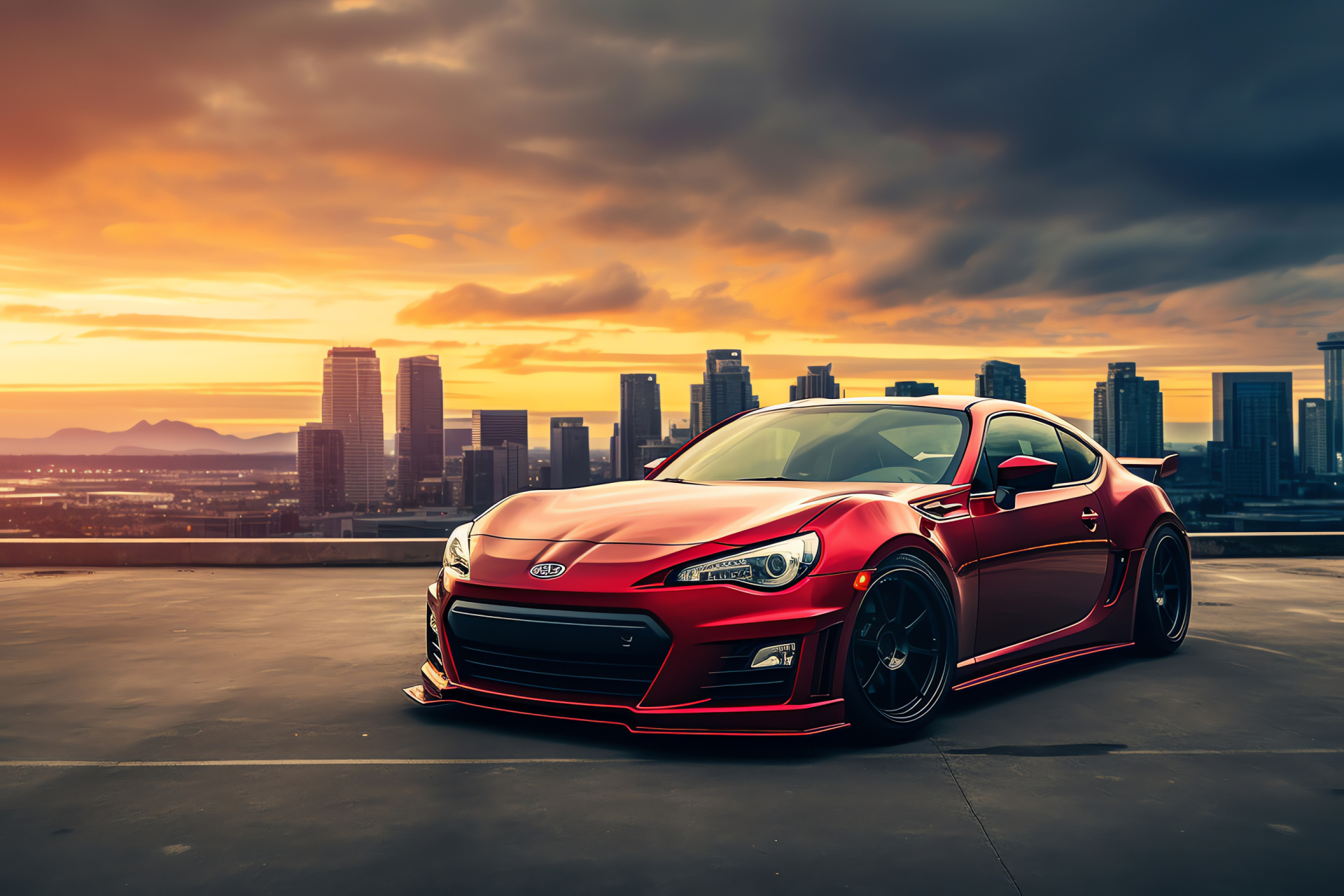 Subaru BRZ, Red automotive body, Rocket Bunny aerodynamics, Sporty car profile, Multicolor background, HD Desktop Wallpaper