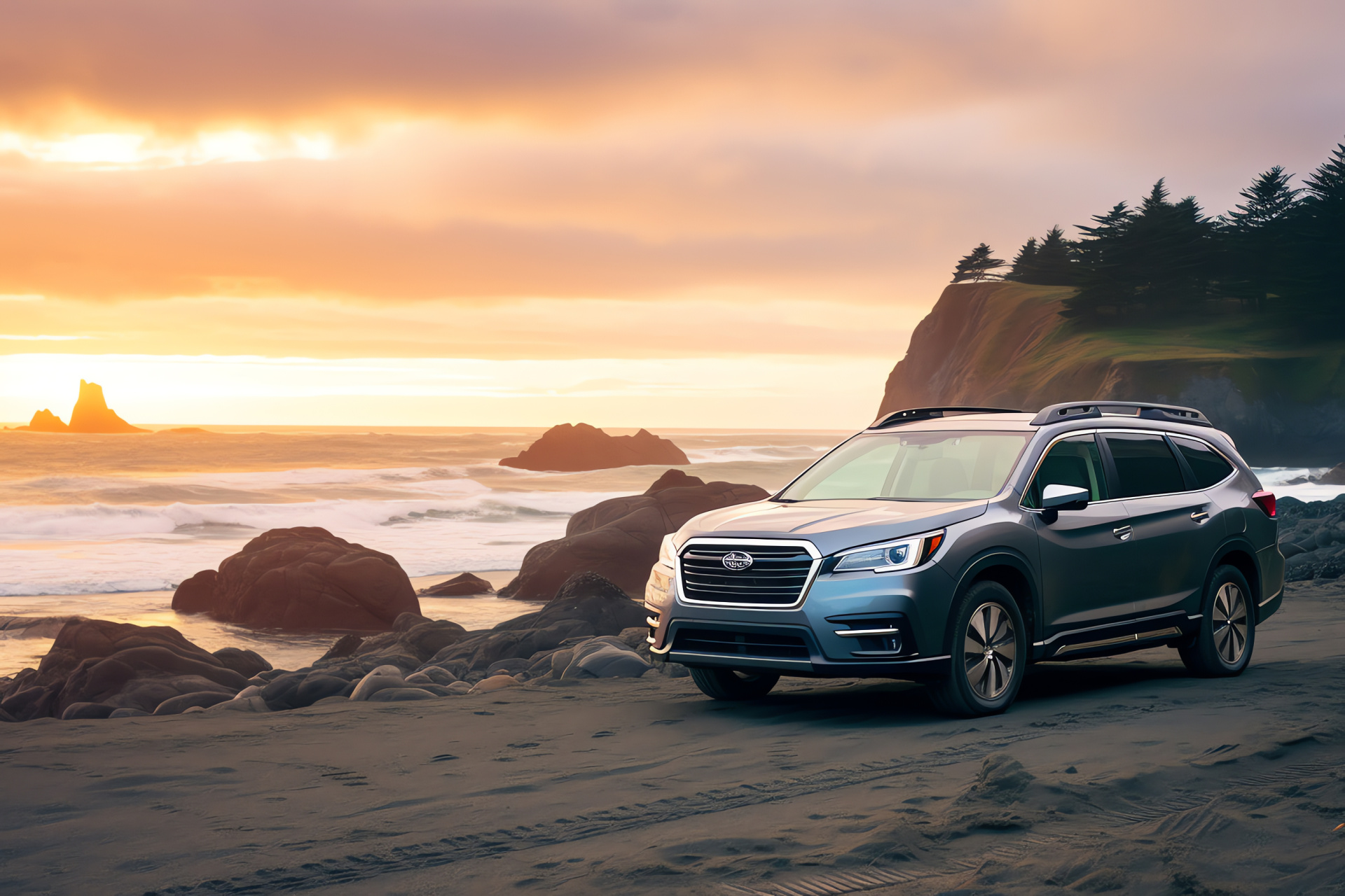 Subaru Ascent SUV, Newport locale, Pacific Coast roadways, interior spaciousness, oceanic scenery, HD Desktop Image