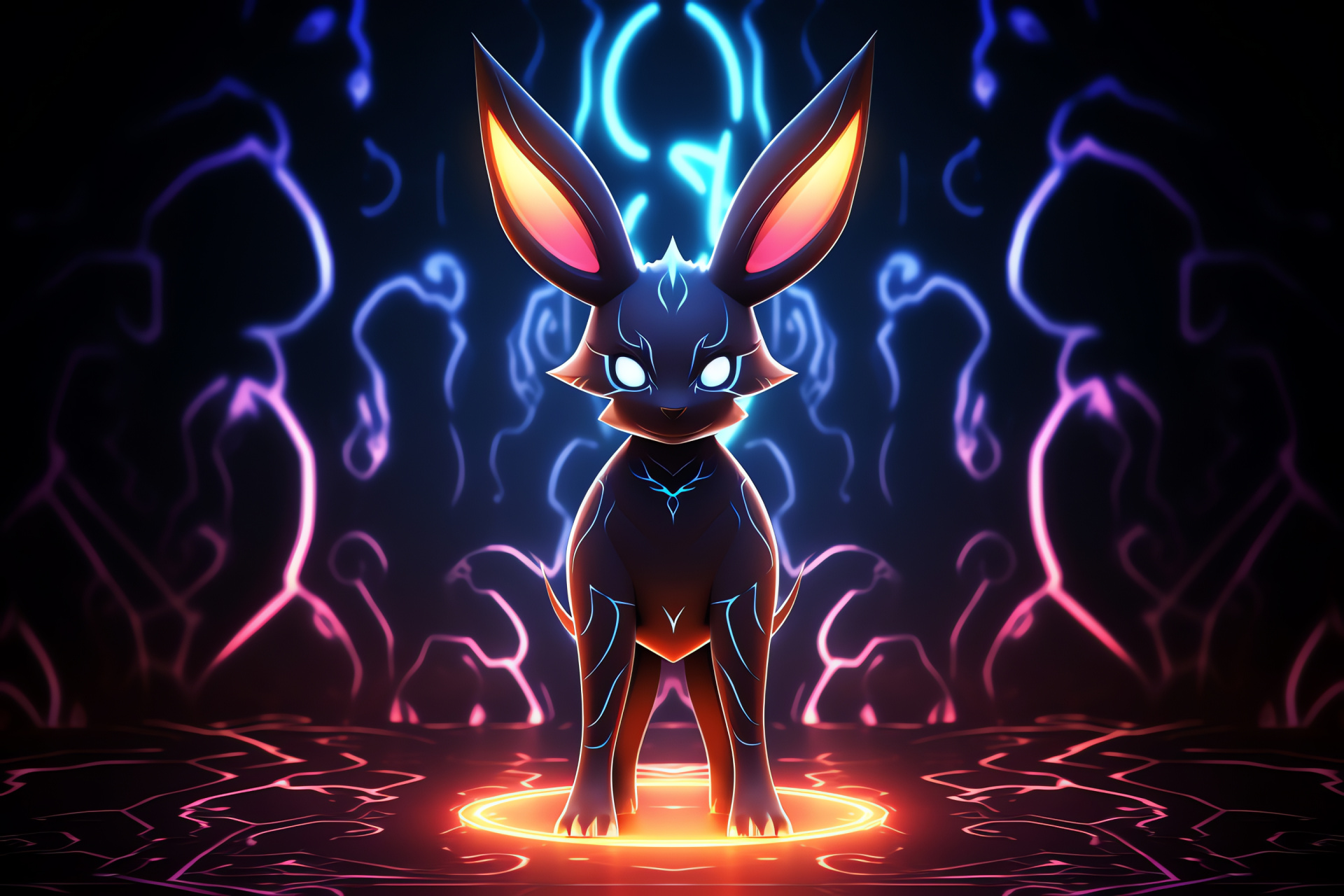 Striking Umbreon, Pitch-black coat, Intense crimson eyes, Circular luminous markings, Pokmon character, HD Desktop Image