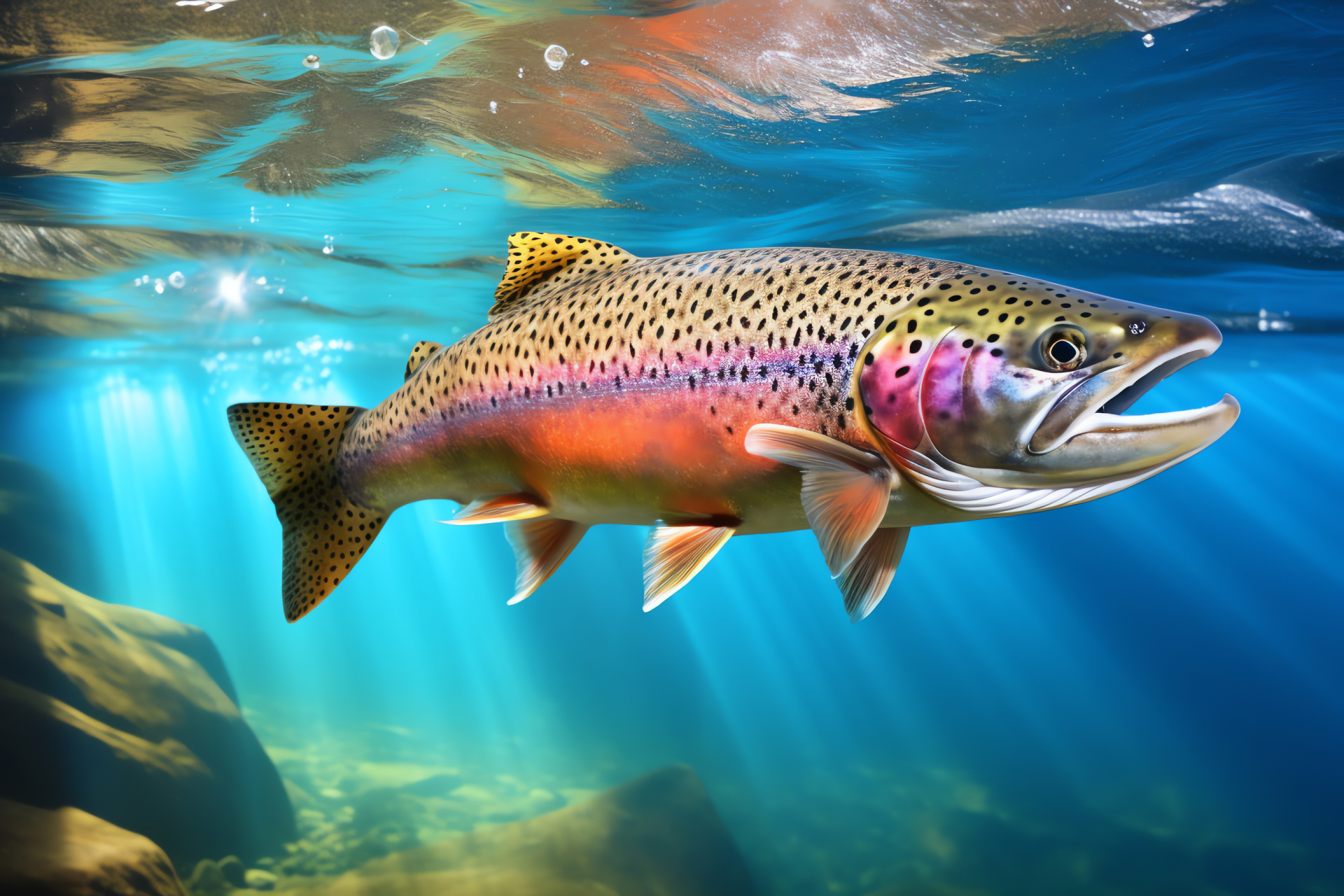 Aquatic trout fish, Majestic fish pose, Freshwater ecosystem, Artistic triple-tone setting, Fish vibrant pigmentation, HD Desktop Image