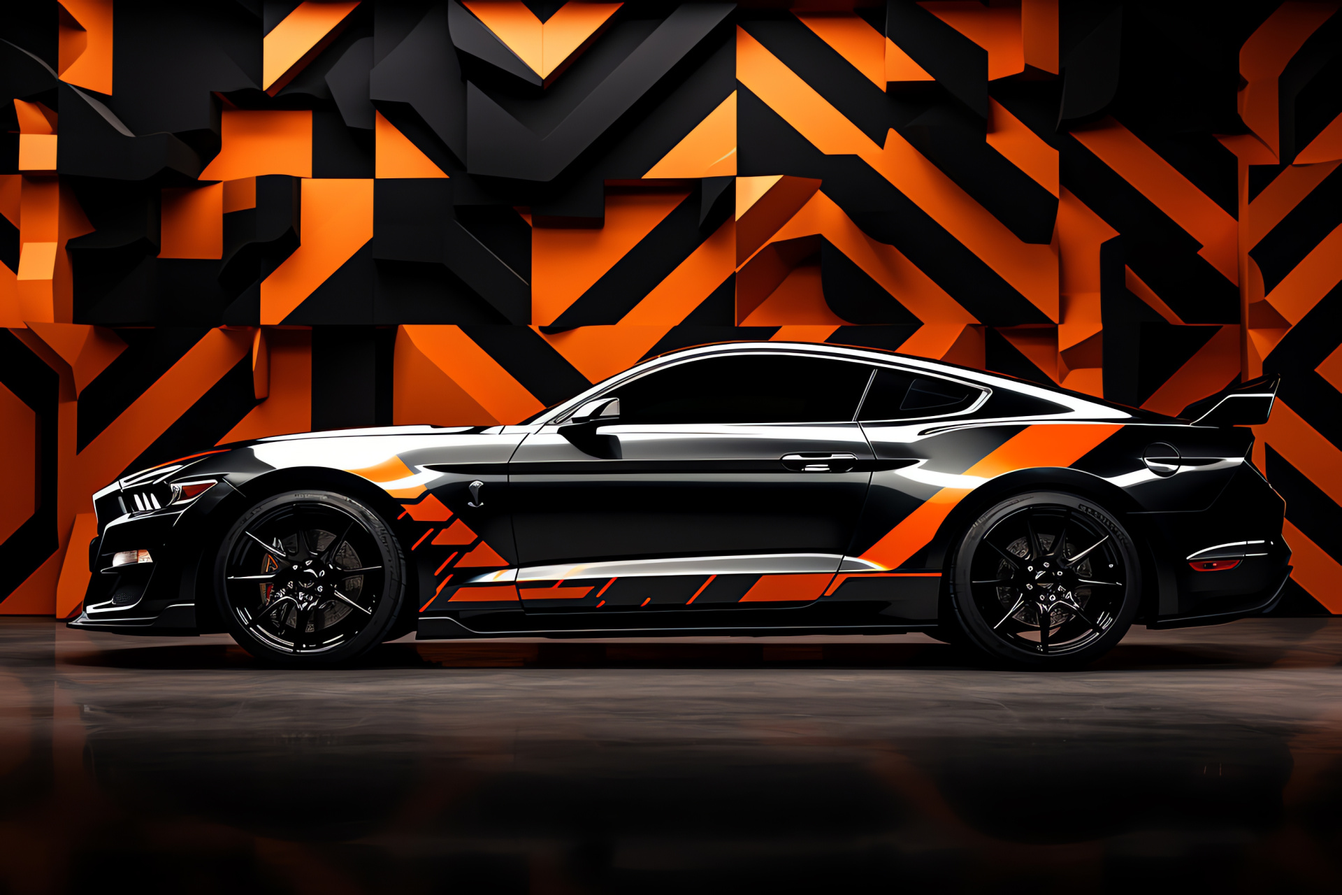 Shelby Mustang GT500 Super Snake, 2020 model, abstract artwork, side angle, orange-black styling, HD Desktop Image