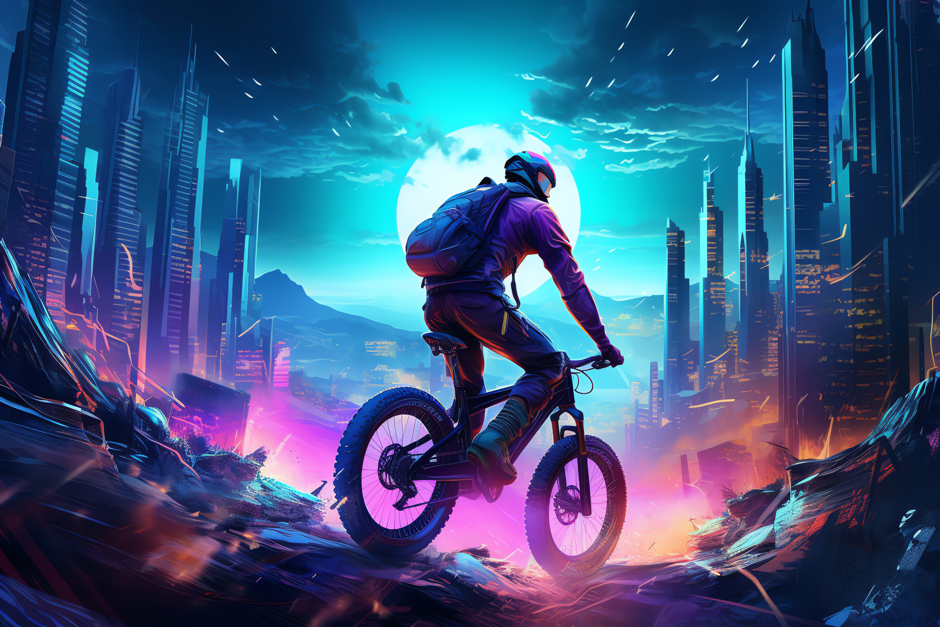 Neon MTB silhouette, Cyberpunk style cityscape, Futuristic biker, Metropolis panorama, Digital neon art, HD Desktop Wallpaper