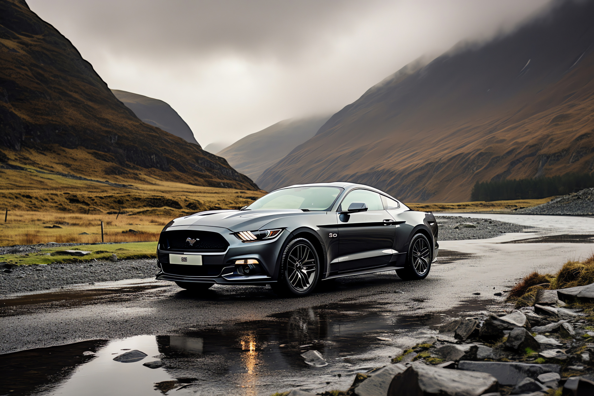 Mustang HD, Mountainous Scottish backdrop, Mist-covered Highland settings, Historic castle architecture, Winding Scottish roadways, HD Desktop Image