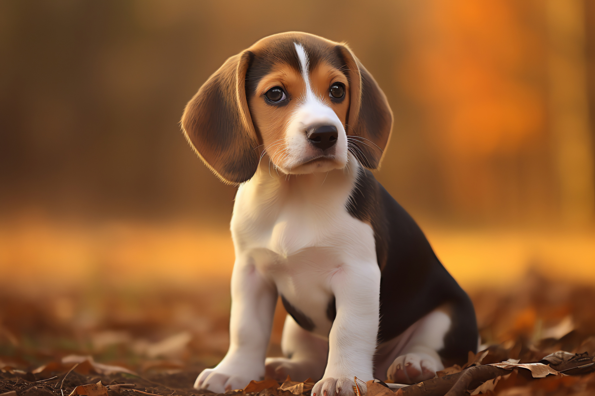 Playful Beagle puppy, Tricolor short fur, Beagle's expressive gaze, Pure color backdrop effect, Beagle's engaging posture, HD Desktop Image