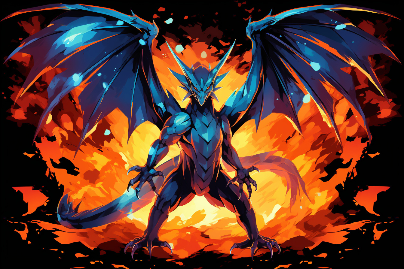 Charizard intimidation, Flame-winged beast, Azure stare, Forceful posture, Sky dominance, HD Desktop Wallpaper