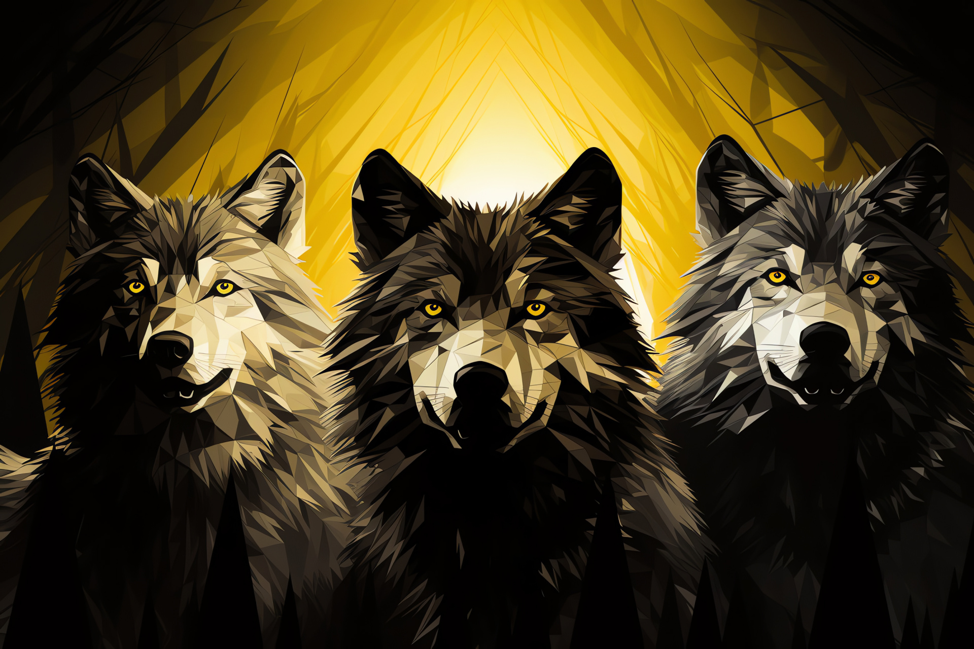 Canine group, Timber wolf species, Forest habitat, Geometric backdrop, Amber optics, HD Desktop Wallpaper