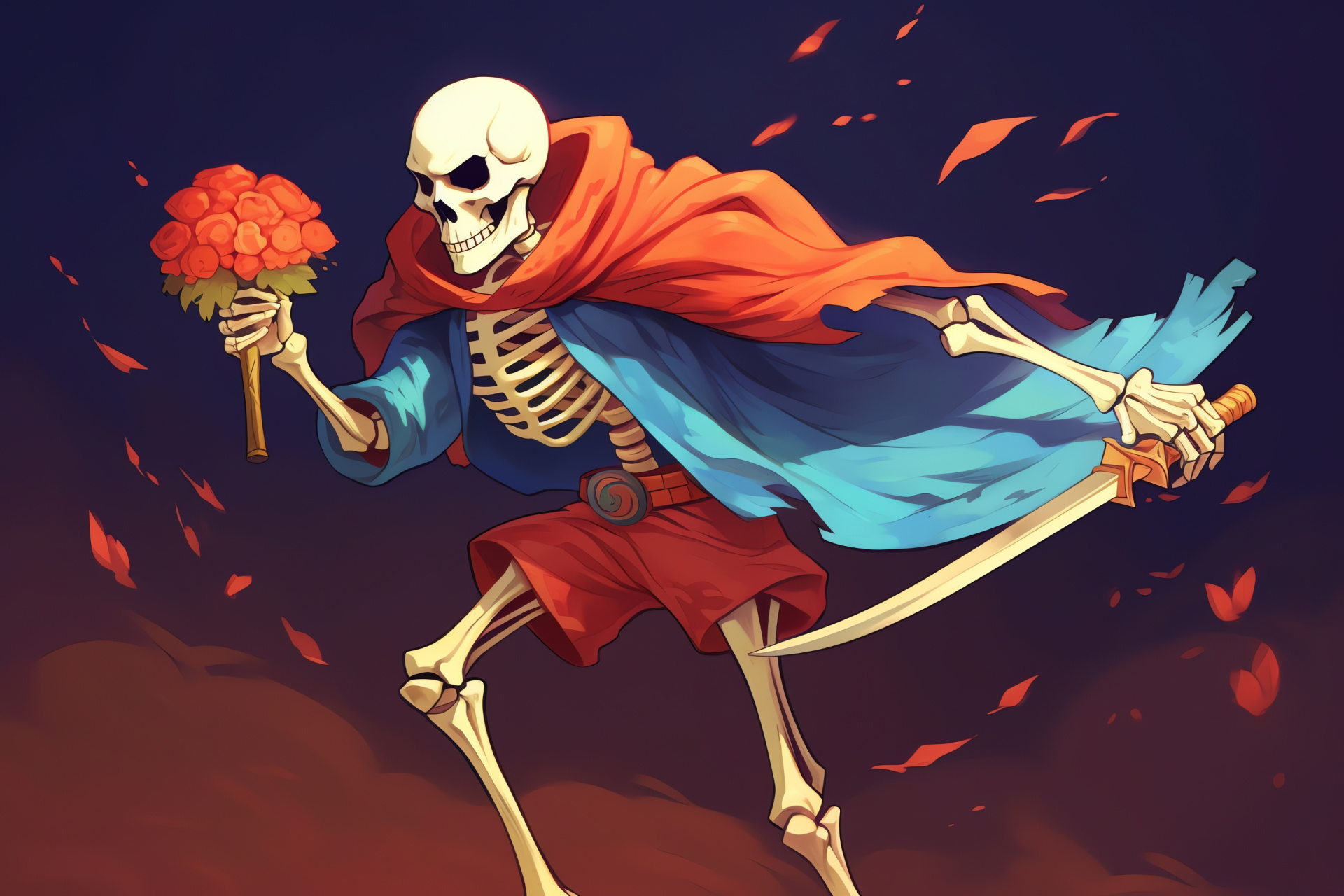 Undertale Papyrus, Funny skeleton character, Lighthearted adventure, Bright blue cape, Whimsical weapon, HD Desktop Image