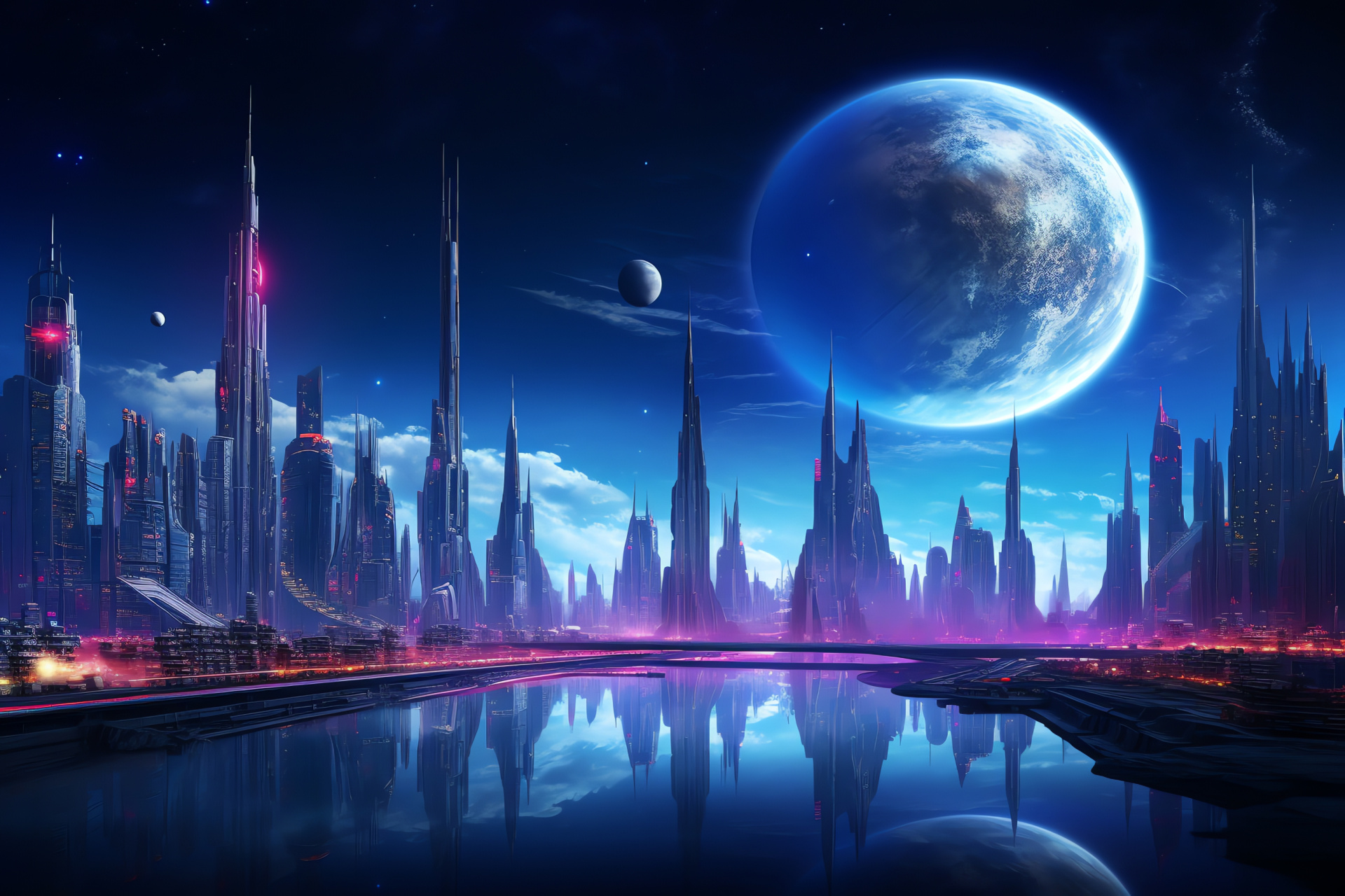 Distant moon, Night sky, Architectural marvel, Science fiction scenery, Neon spectacle, HD Desktop Wallpaper