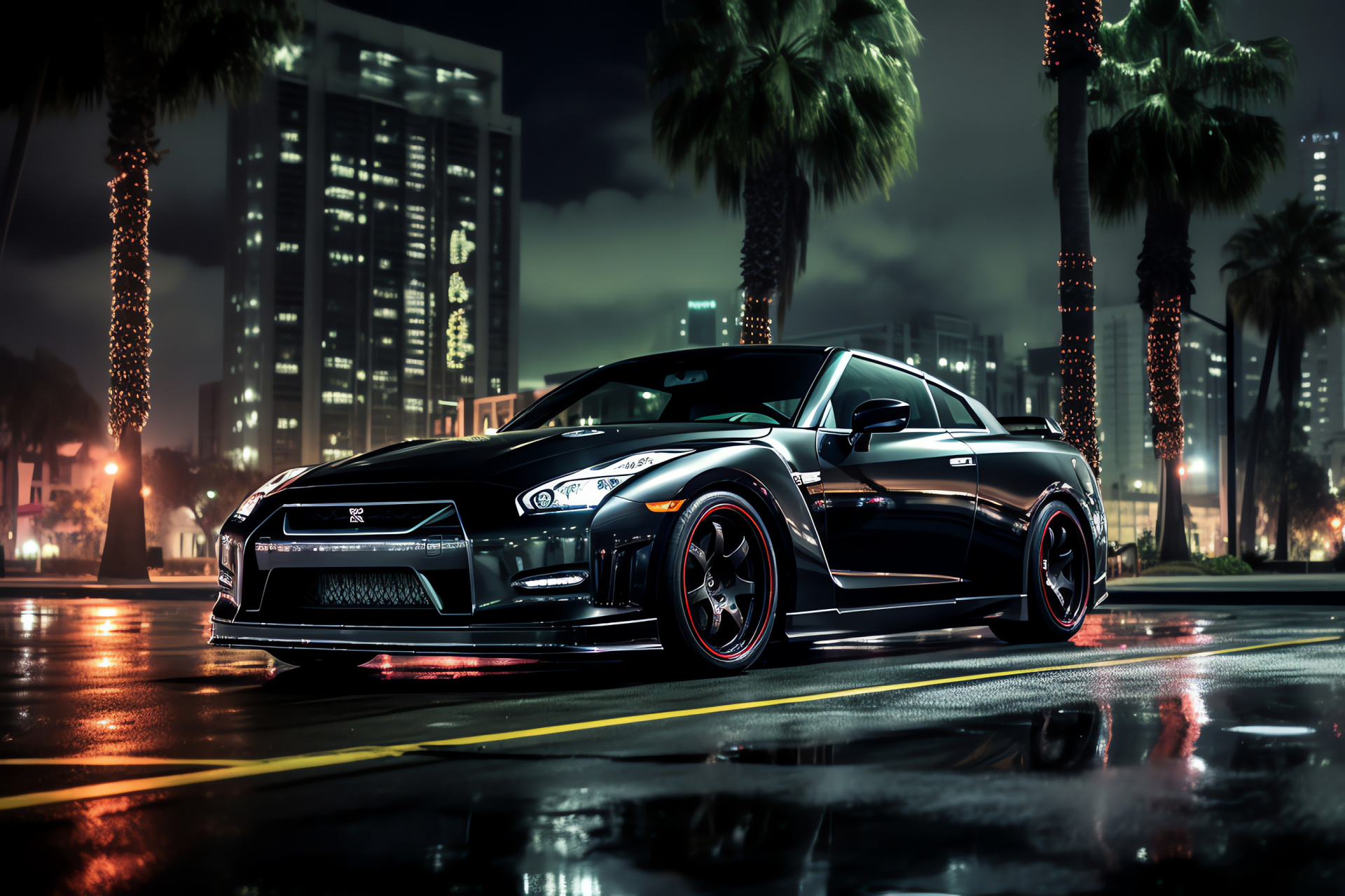 Nissan GTR Nismo, Los Angeles boulevards, sleek finish, illuminated urbanscape, Californian vibe, HD Desktop Wallpaper