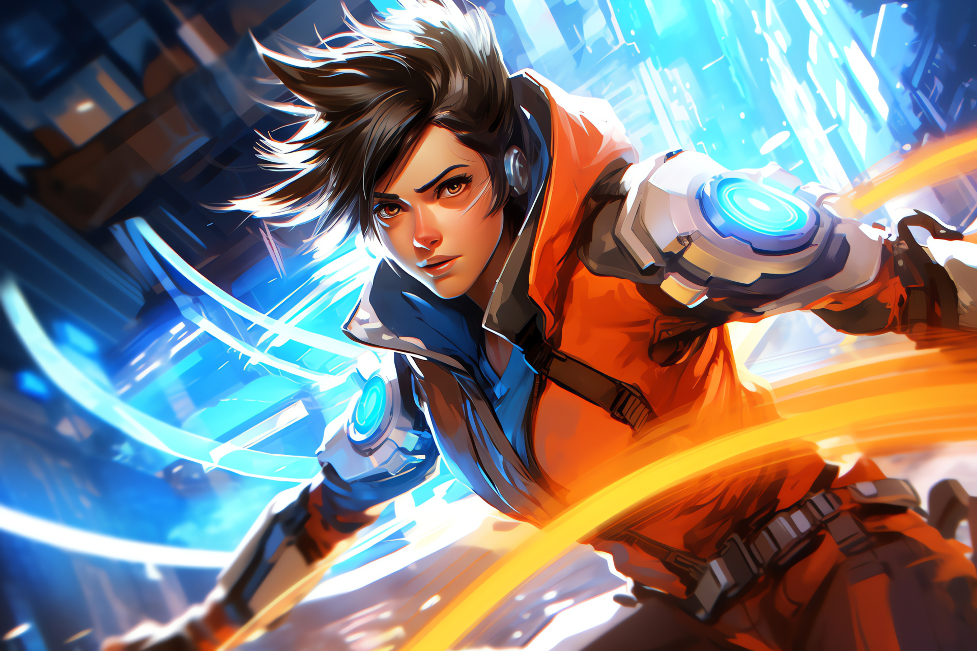 Tracer gaming persona, Advanced design aesthetics, Lively hues, Fictional urban environment, HD Desktop Image