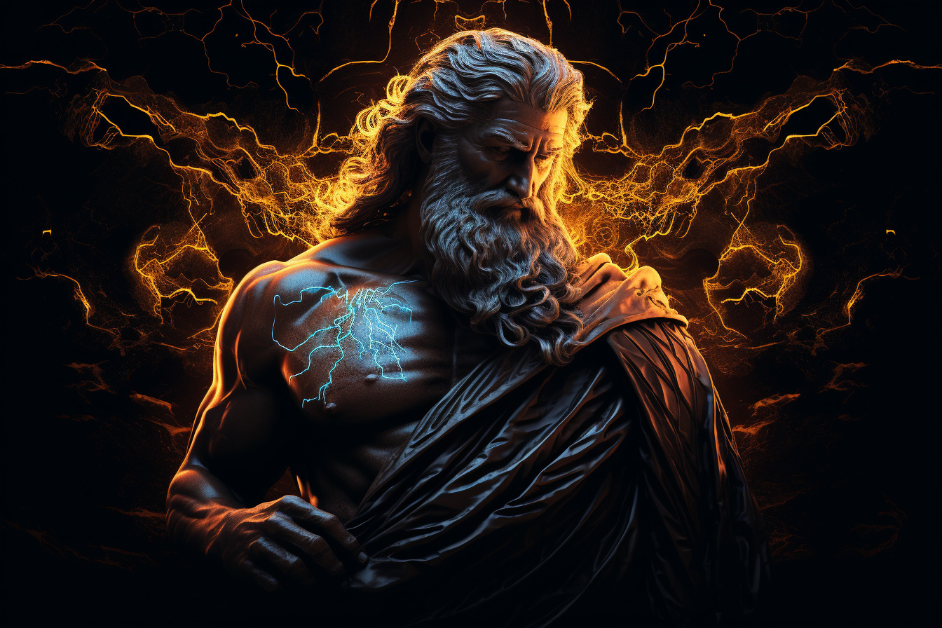 Pantheon gaming figure Zeus, Olympian god interpretation, Charged symbol, Mighty presence, Dark canvas contrast, HD Desktop Wallpaper