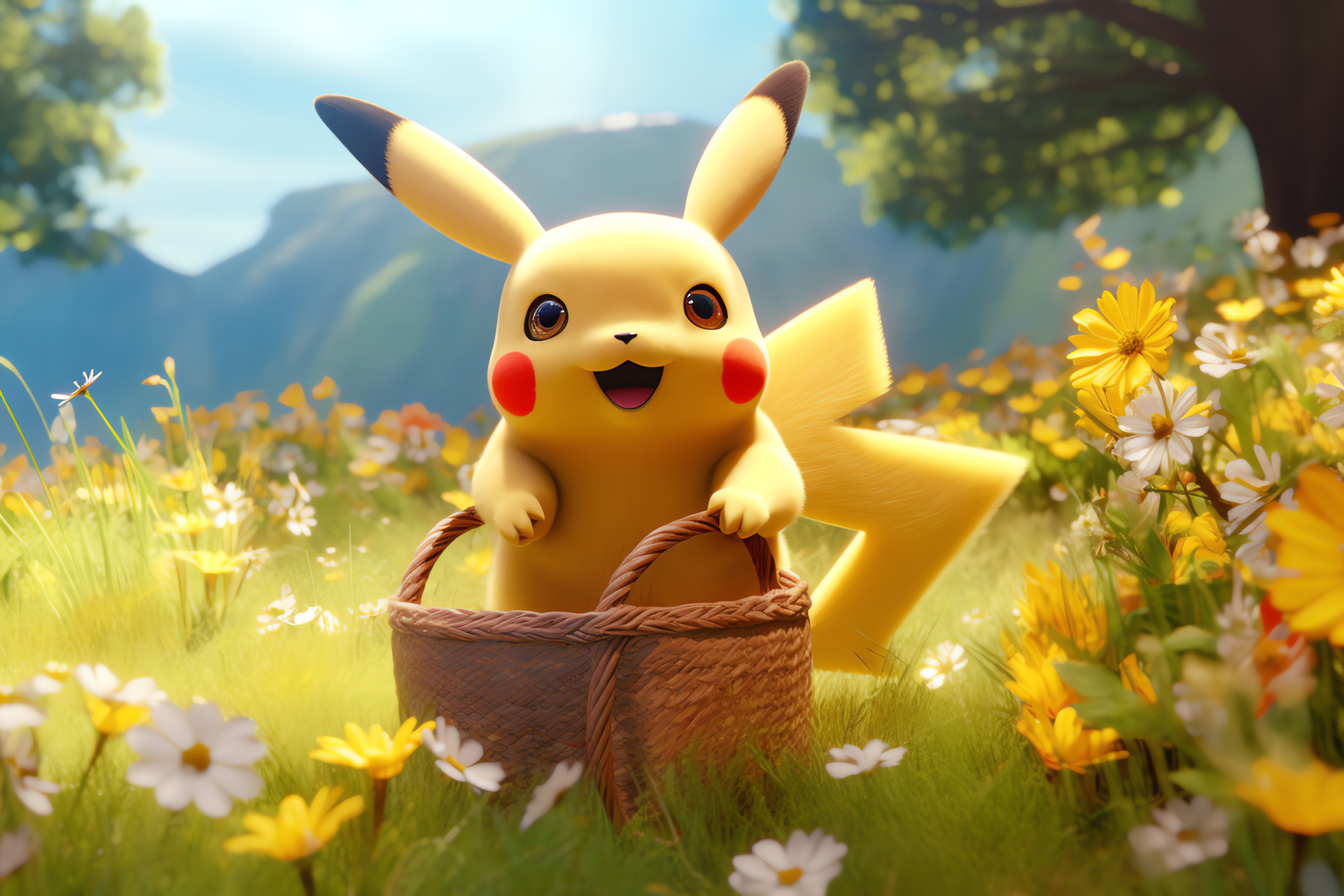 Charming Pikachu, Outdoor meal, Sunny field, Floral setting, Springtime vibes, HD Desktop Image