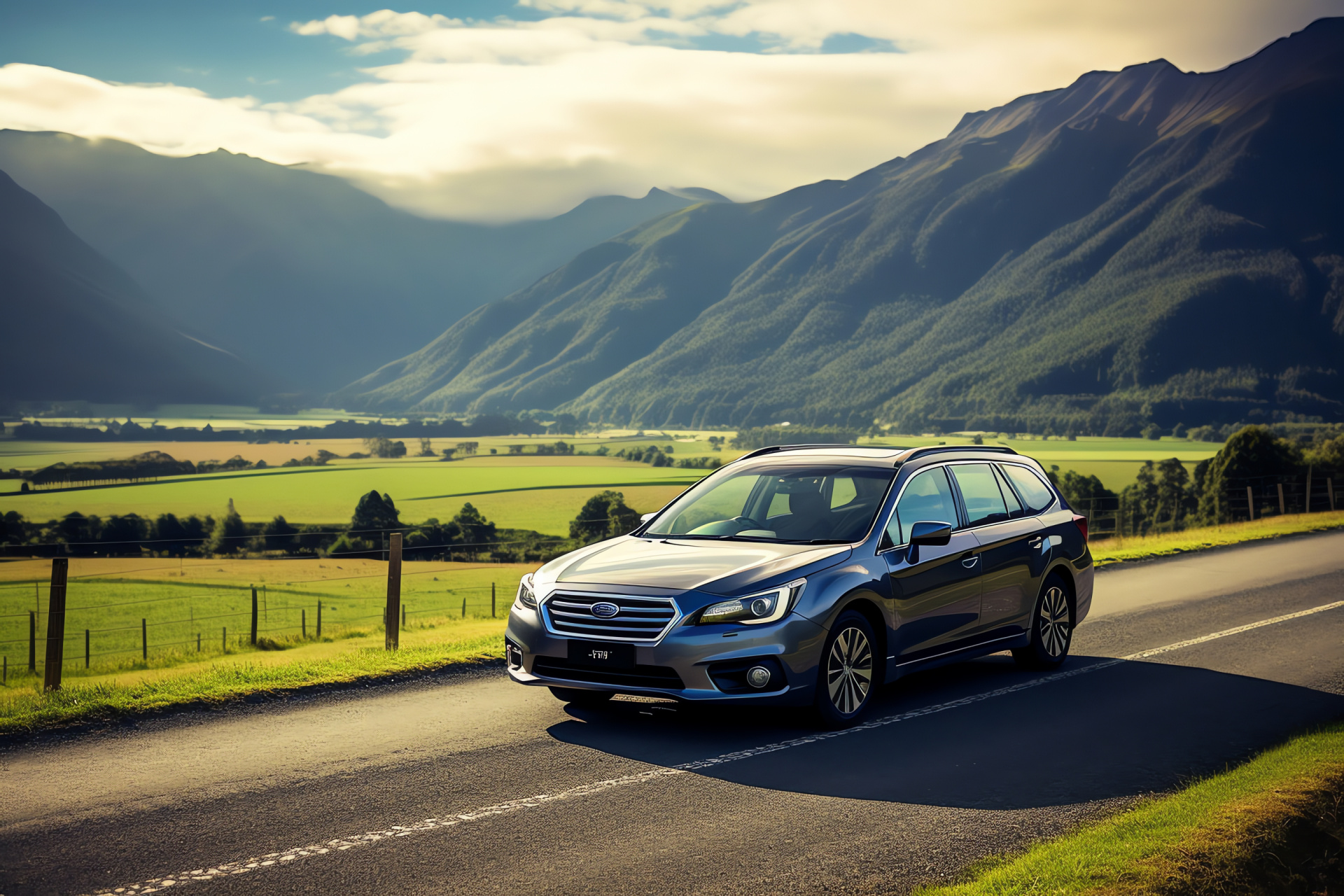 Legacy Wagon, scenic drive, New Zealand roads, reliable family car, stylish wagon design, HD Desktop Image