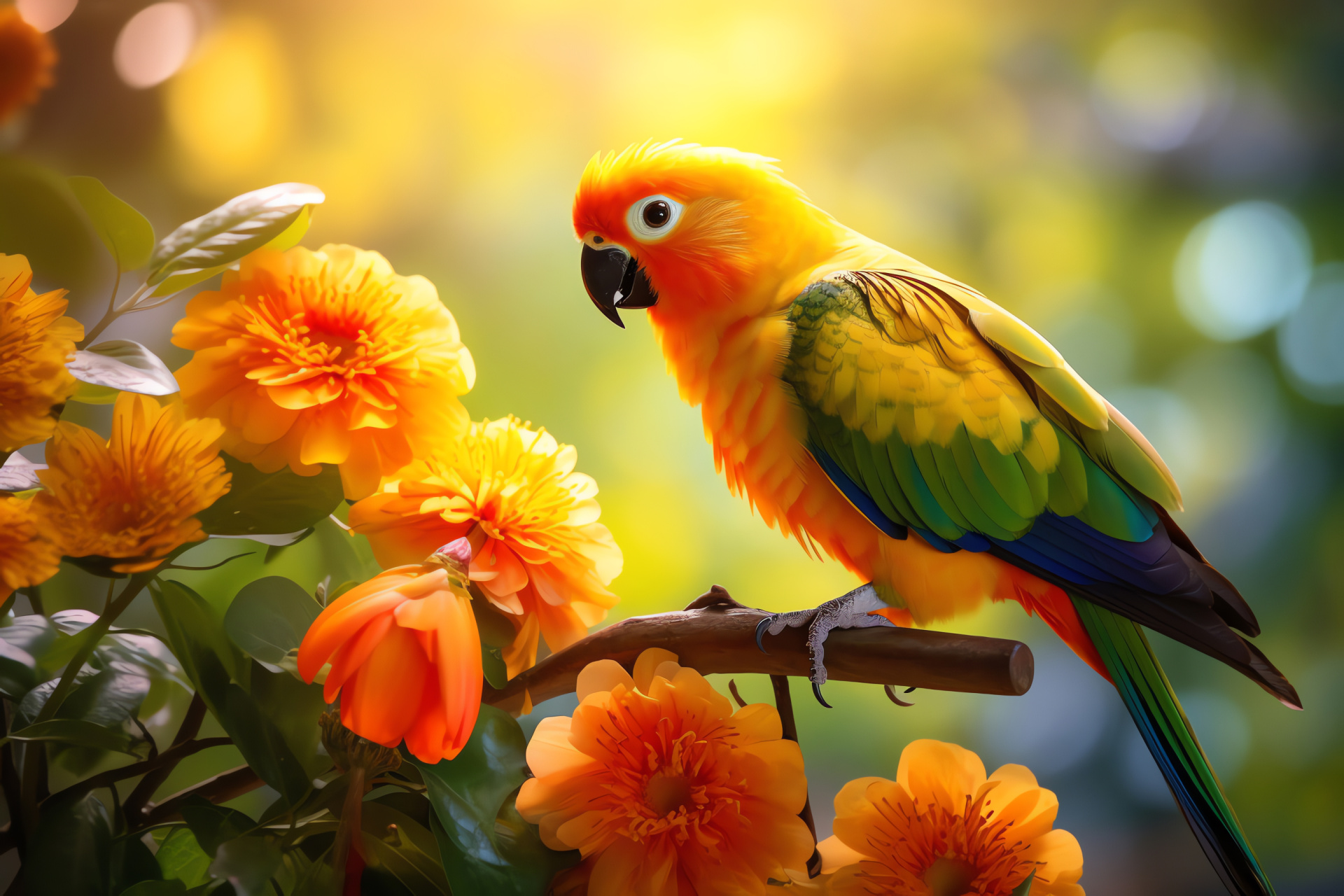 Sun Conure varietal, Lively ornithology specimen, Vivid feather mix, Faunal bloom interaction, HD Desktop Image