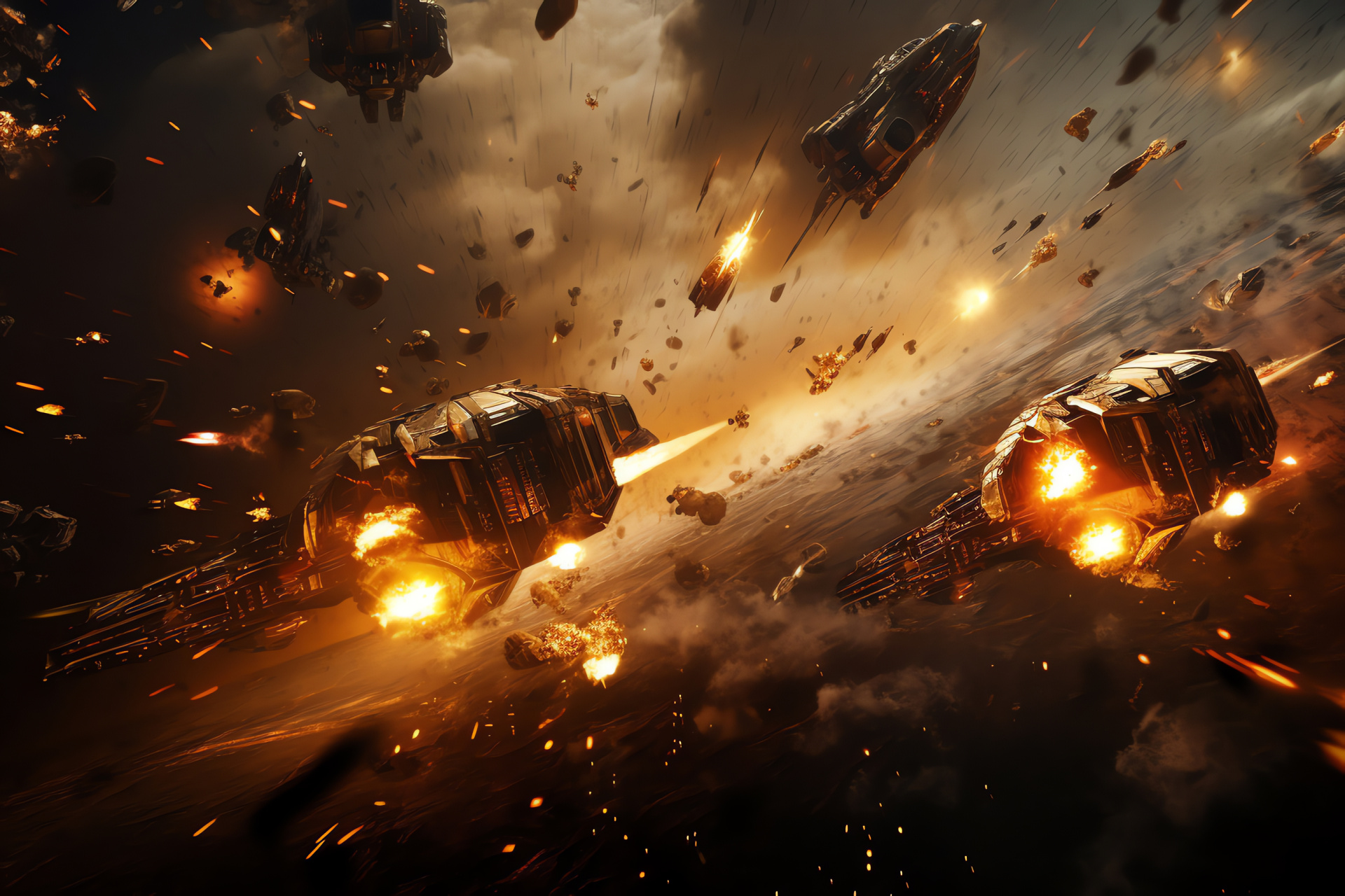 Intergalactic conflict, Cosmic battlefield, Spacecraft armada, Zero gravity skirmish, Golden flashes, HD Desktop Image