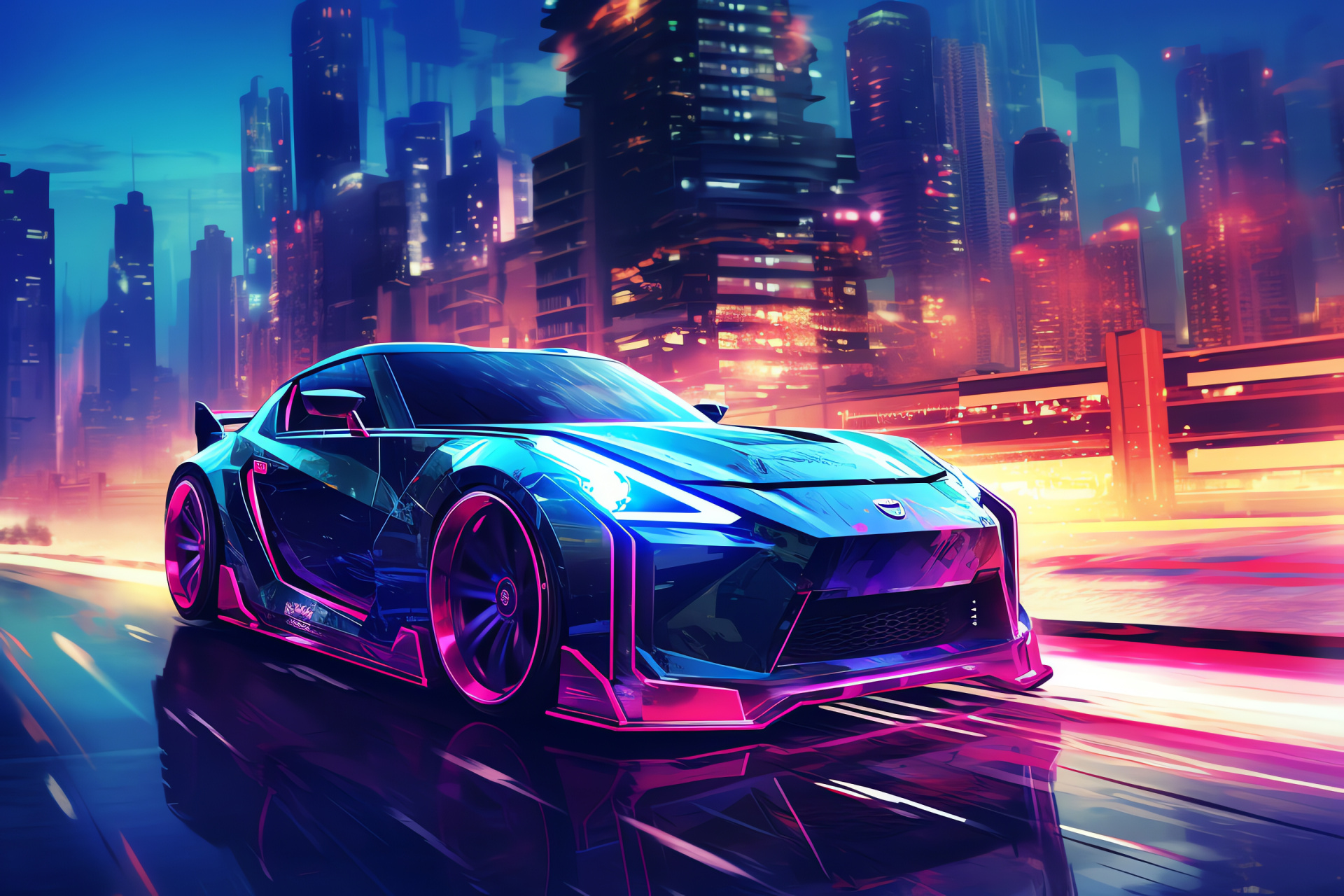 Nissan 370Z, Urban scenery, Sci-fi ambiance, City lights, Motor thrill, HD Desktop Image