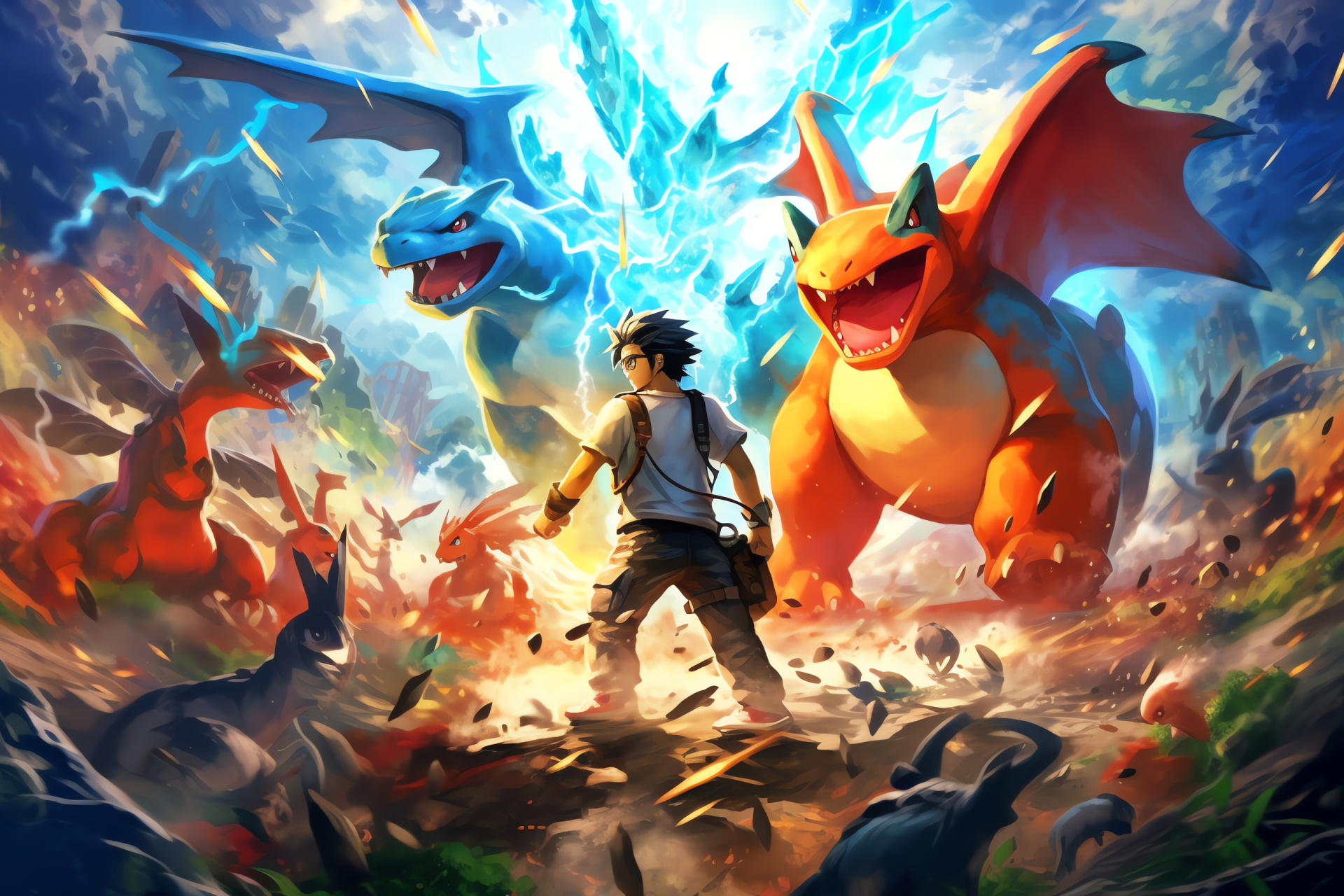 Ash with Pikachu, Charizard flames, Bulbasaur and Squirtle, iconic Pokemon team, gaming adventure, HD Desktop Image