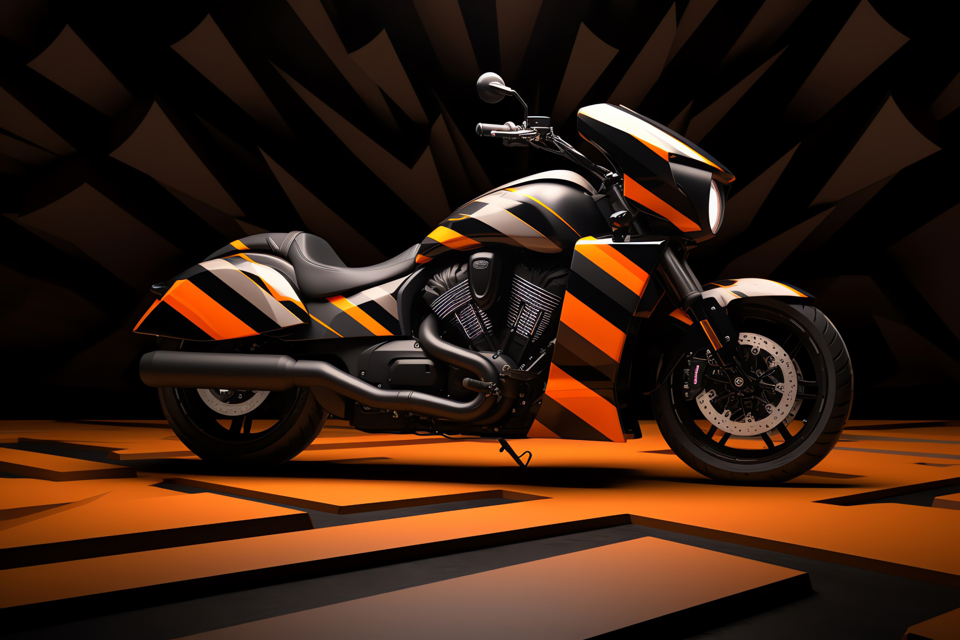 Victory Motorcycles Roadster, Victory Kingpin Auto, Motorcycle design, Black-orange bike, Geometric background, HD Desktop Wallpaper