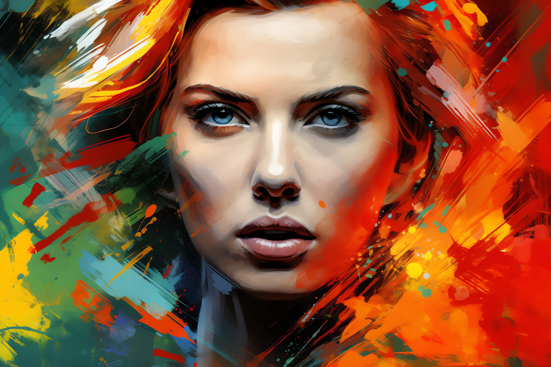 Scarlett Johansson, Artistic portrayal, Abstract visuals, Cinematic talent, Artistic vibrancy, HD Desktop Image