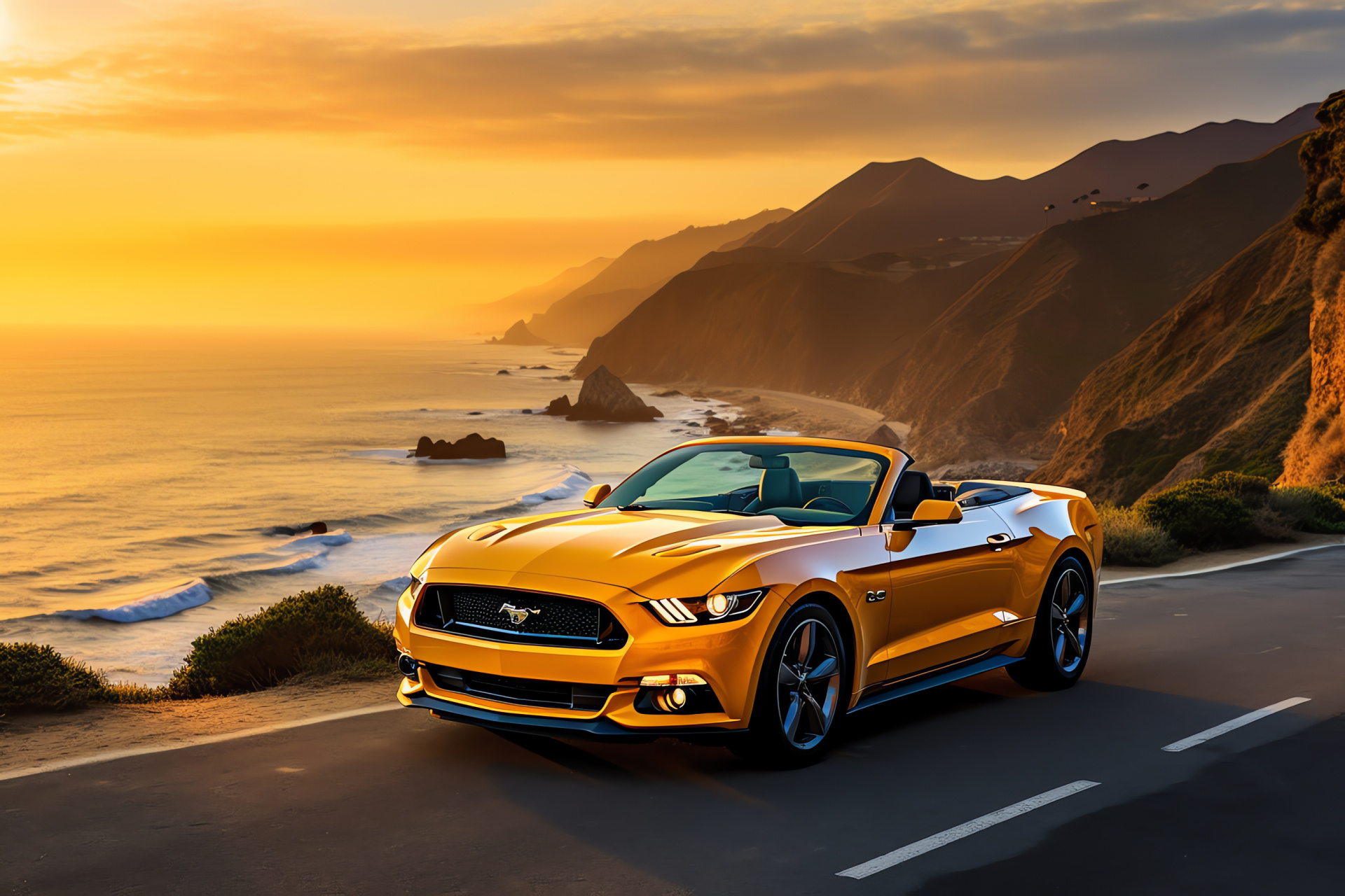 Ford Mustang HD, coastal highway tour, Pacific coastline, thrilling California roads, ocean horizon, HD Desktop Wallpaper