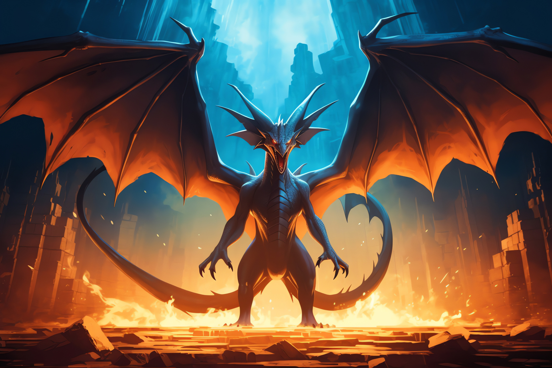 Pokemon Mega Charizard, gaming creature, black scales texture, majestic spread, intense expression, HD Desktop Wallpaper