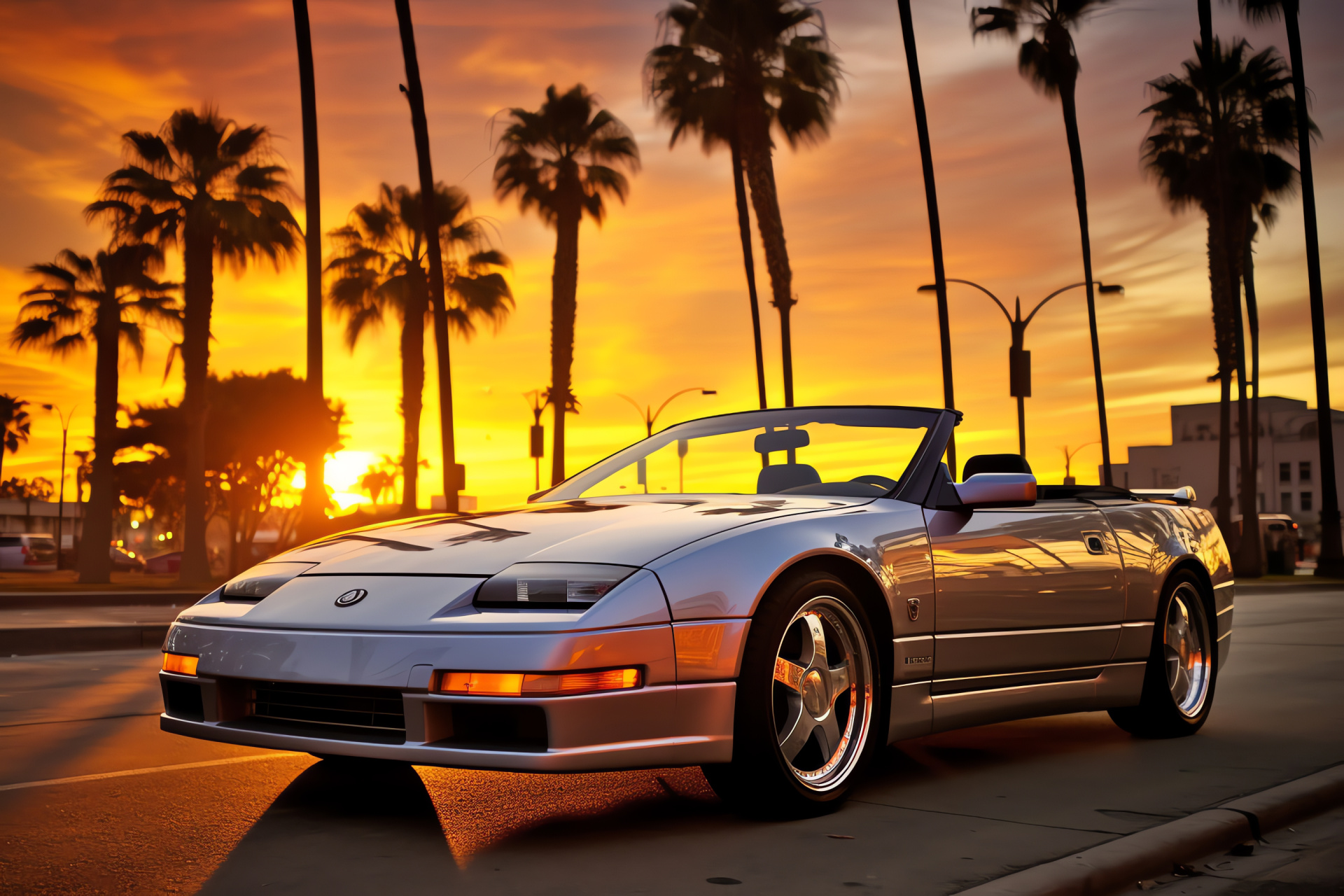 Convertible car leisure, urban Los Angeles cruise, silver shine paint, iconic streetscape, luxury auto, HD Desktop Image