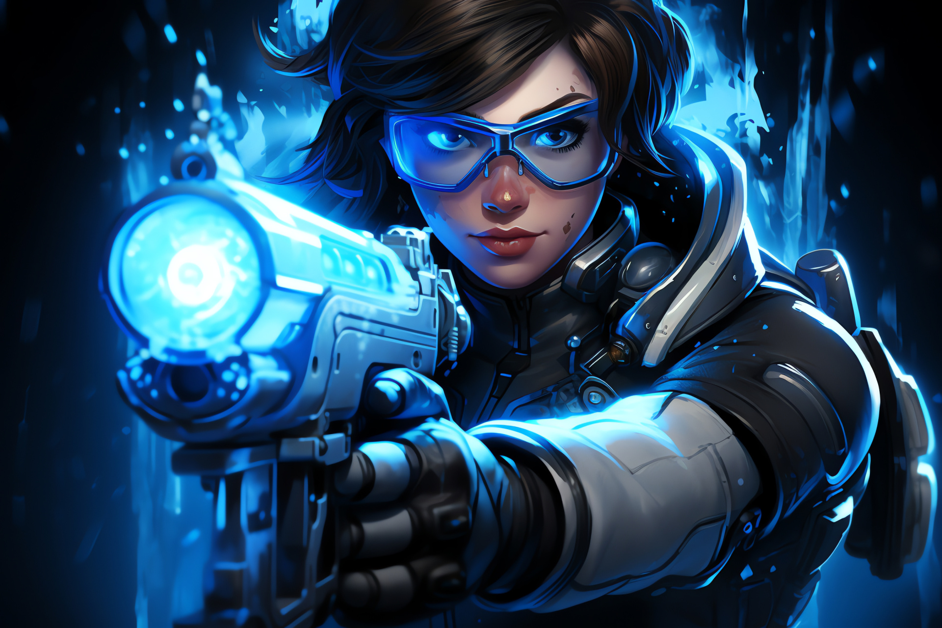 Overwatch character Mei, enigmatic gamer graphics, luminous eye detail, mysterious ambience, chilling armament, HD Desktop Image