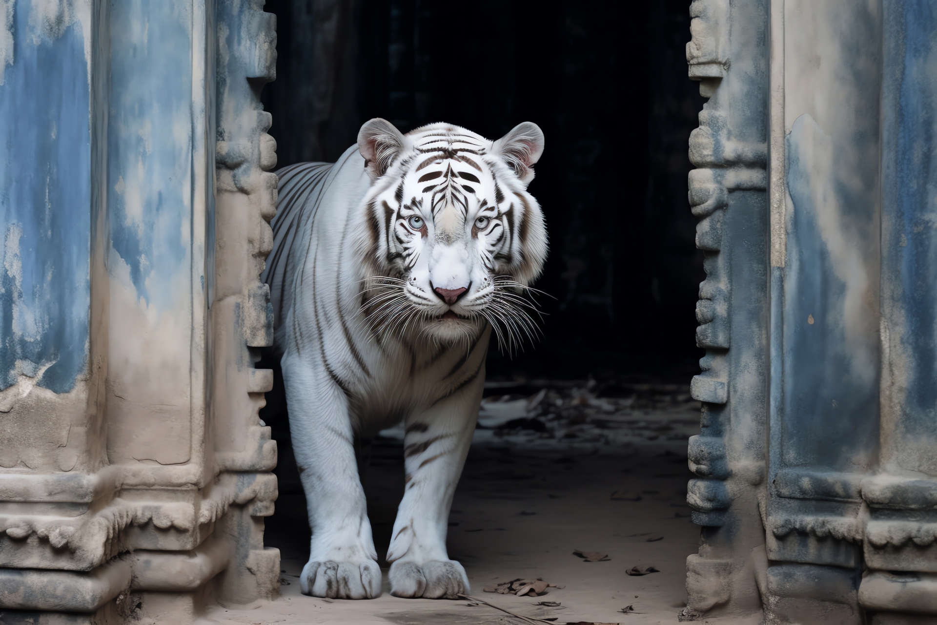 Spectral Tiger, Azure stare, Pale banding, Khmer architecture, Indochina lore, HD Desktop Image