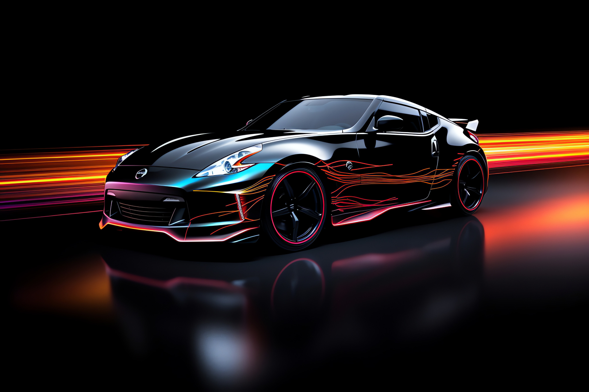 Angled Nissan 370Z, Dark canvas, Tri-tone vibrancy, Light accents, Futuristic flair, HD Desktop Wallpaper