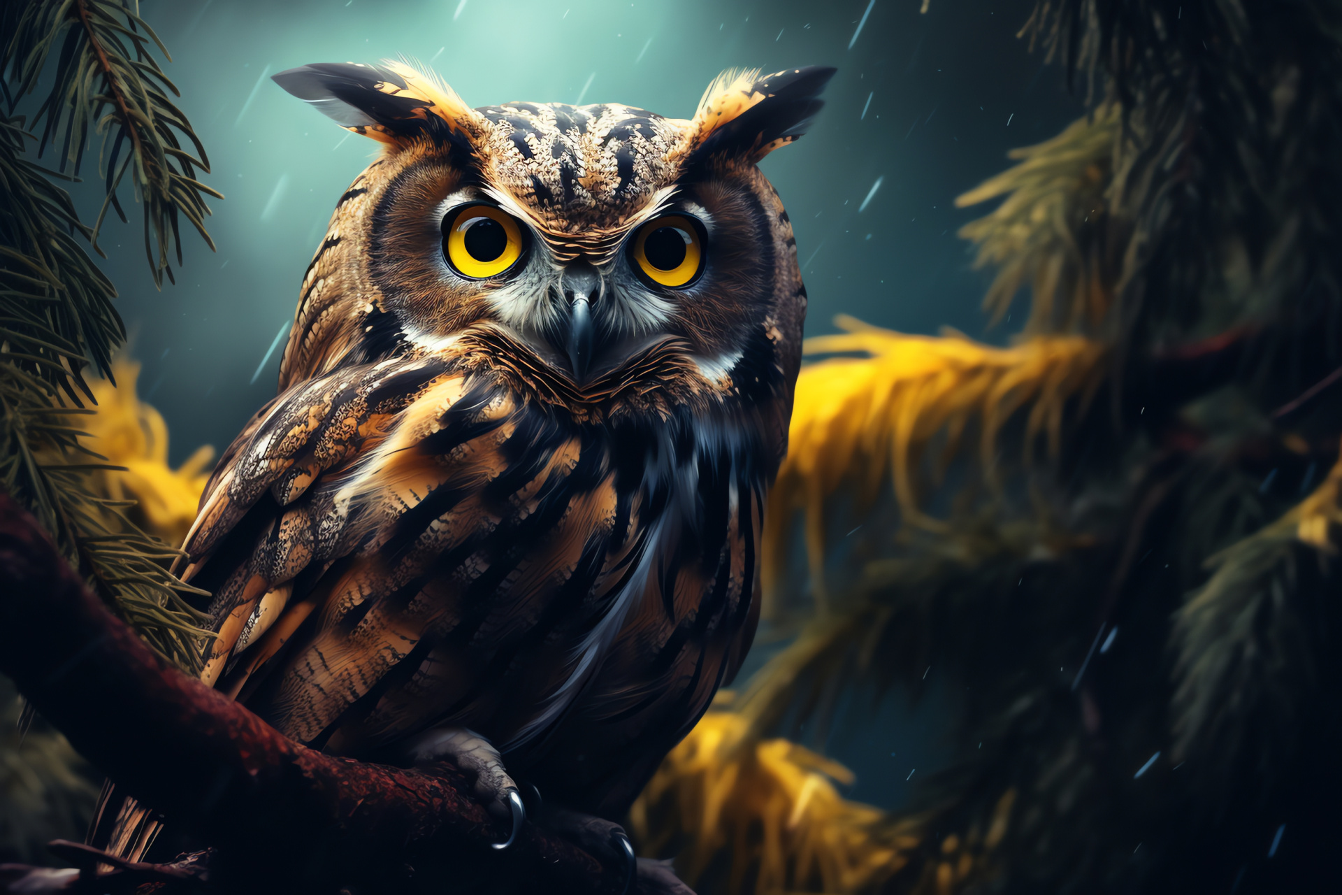 Nocturnal owl species, golden-eyed predator, variegated plumage, avian forest marks, ethereal glade, HD Desktop Image