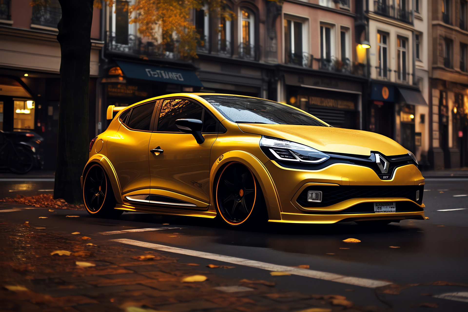 Renault Clio RS, Parisian setting, aftermarket modifications, tuner aesthetics, sporty profile, HD Desktop Image