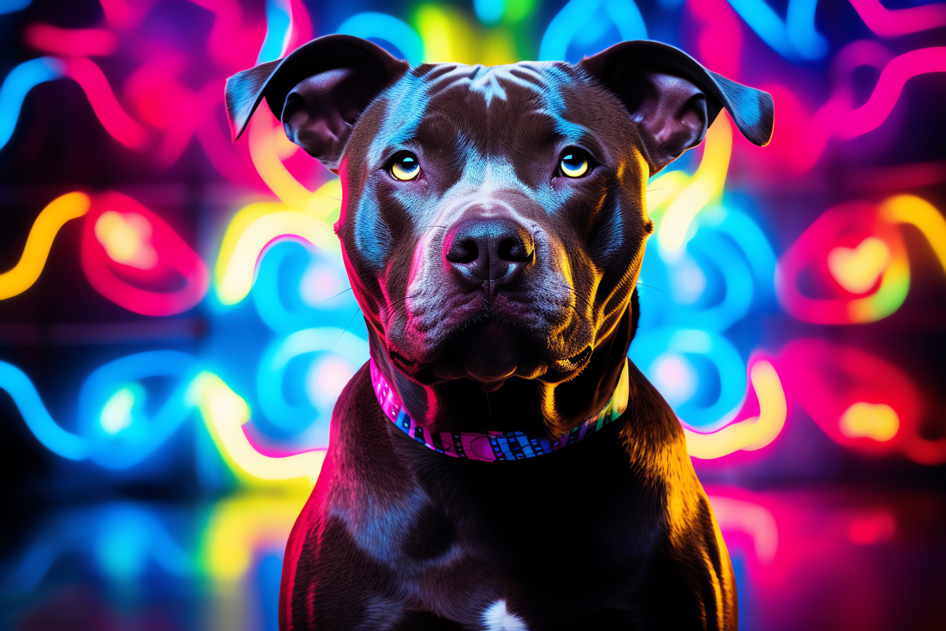 Stately Pitbull Terrier, bold stance, lustrous black fur, brilliant neon ambiance, entrancing blue eyes, HD Desktop Image