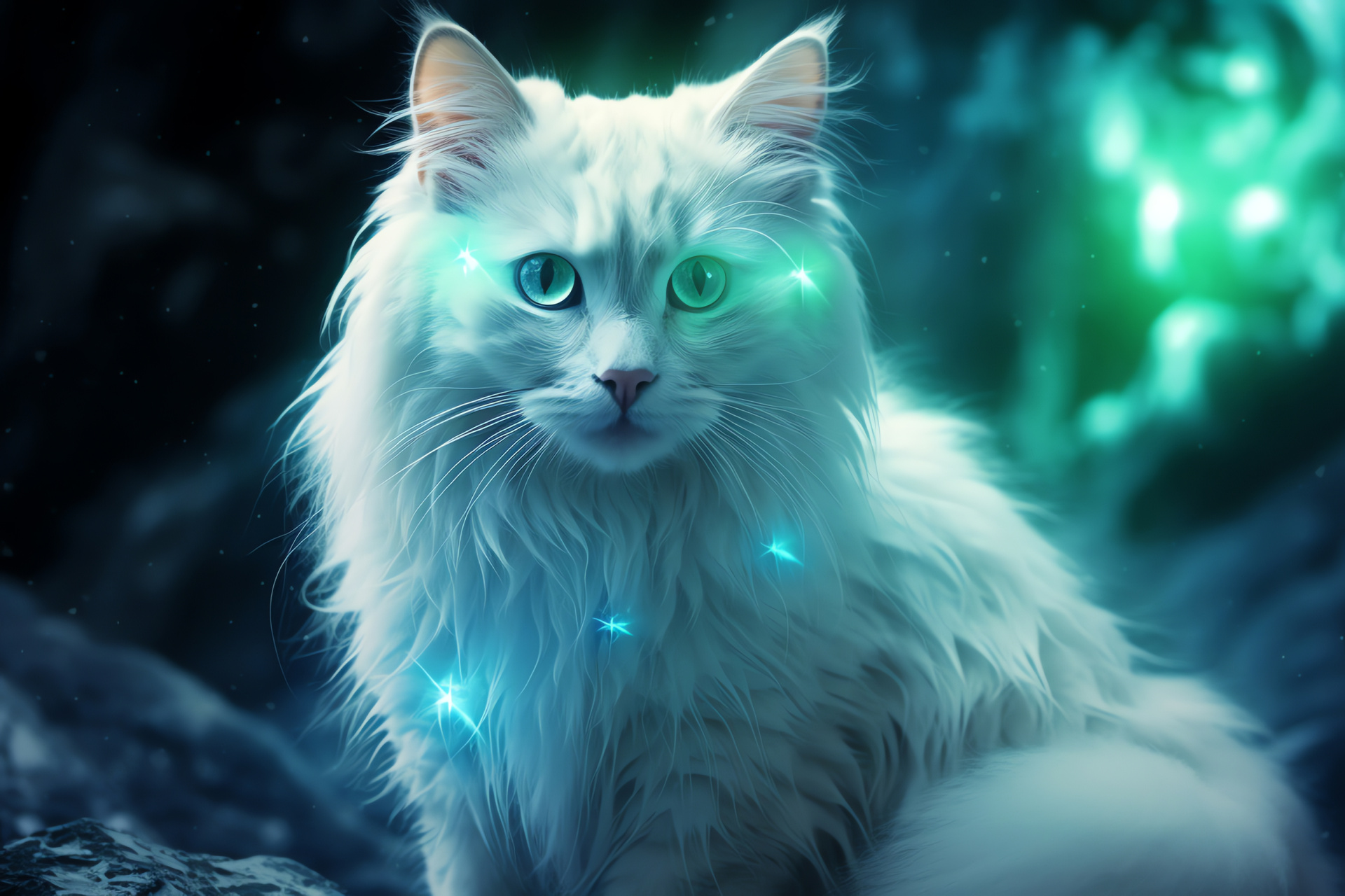 Space Cat, Icy planet, Shimmering fur, Green eyes, Frozen terrain, HD Desktop Wallpaper