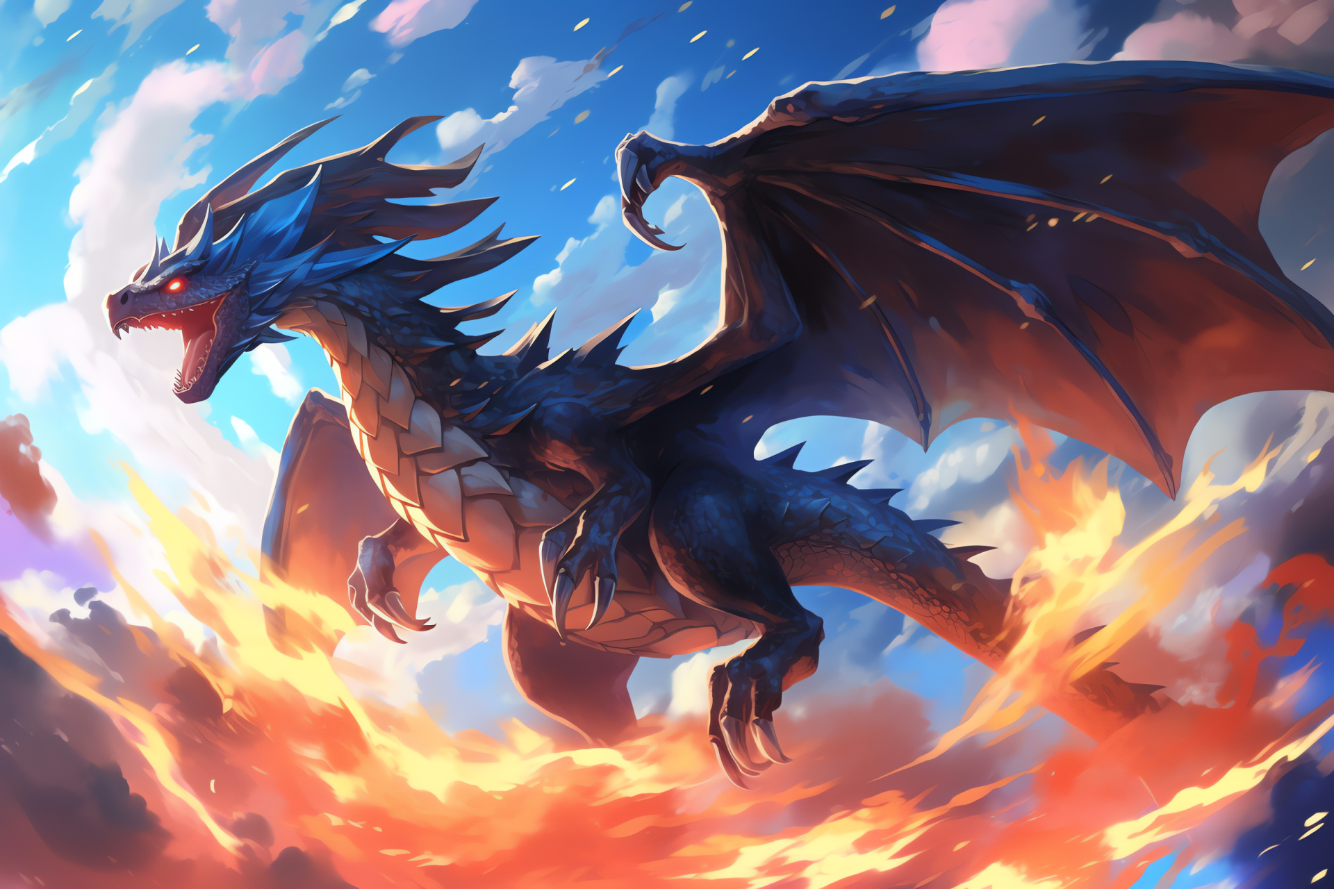 Mega evolution Charizard, Flying prowess capture, Azure inferno effect, Multiverse environment, HD Desktop Wallpaper