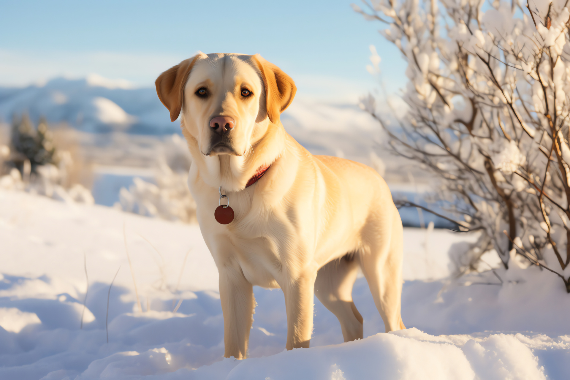 Winter-resilient Labrador, dense canine fur, alpine expanse, fresh alabaster drifts, frosty dog environment, HD Desktop Wallpaper