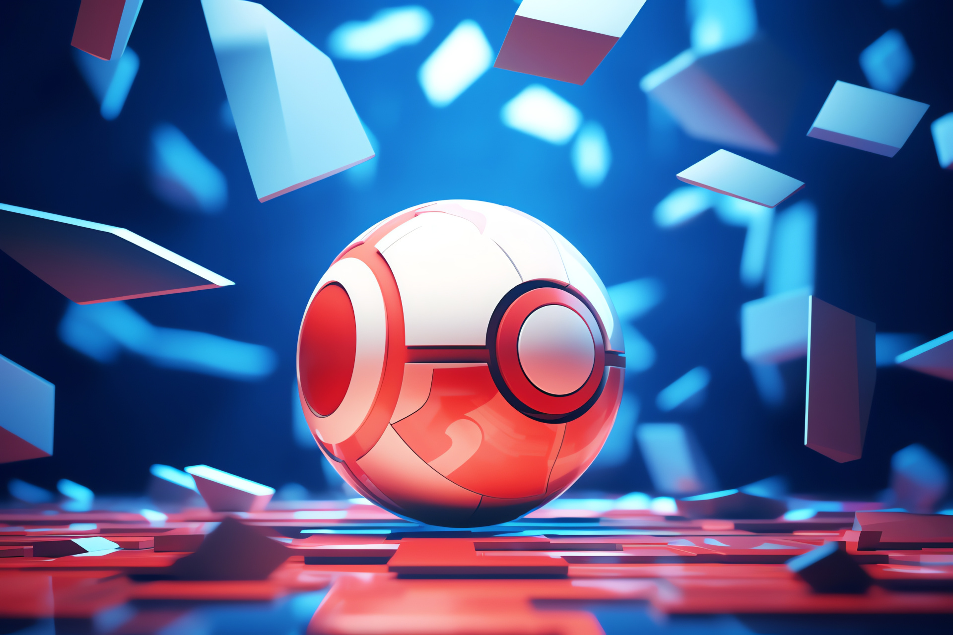 Pokeball element, geometric motif, cobalt tints, levity, tranquil aura, HD Desktop Wallpaper