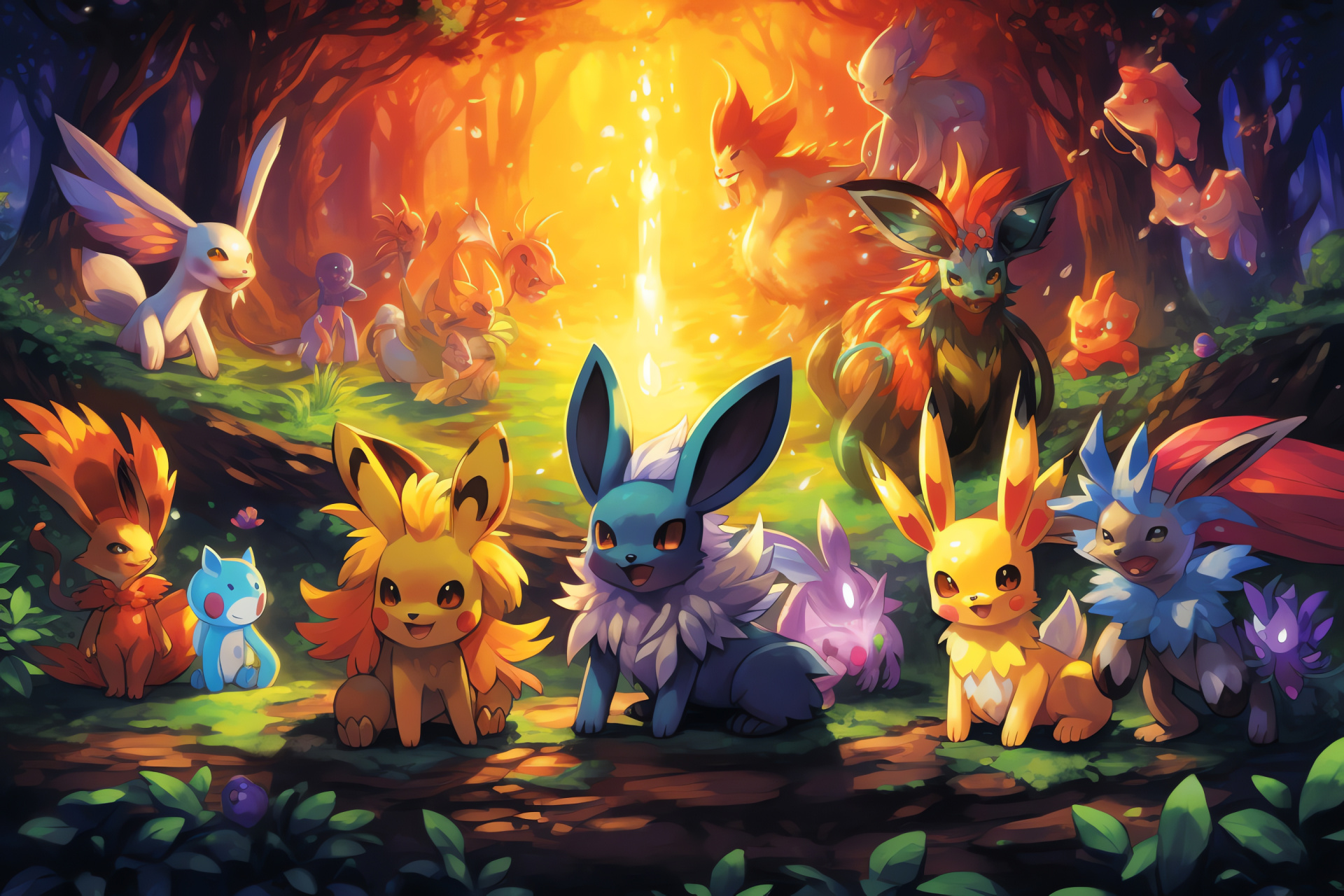 Eeveelution array in Mystery Dungeon, Psychedelic dungeon backdrop, Vaporeon aquatic adaptation, Jolteon electrified excitement, HD Desktop Image