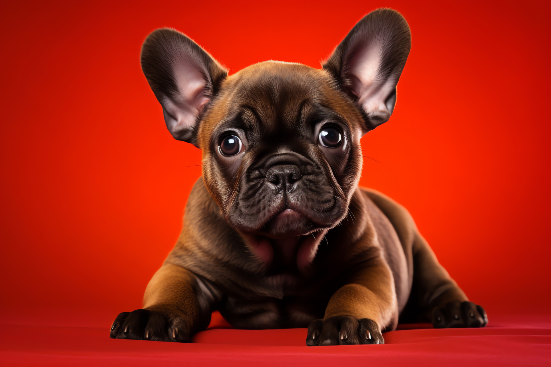 French Bulldog, short coat, expressive eyes, red background, playful canine, HD Desktop Image