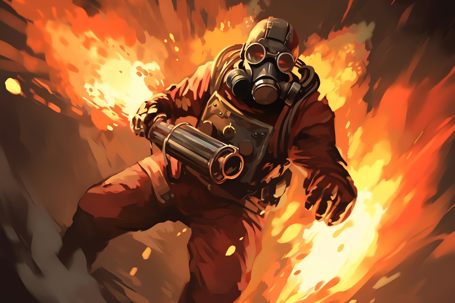 Pyro offensive stance, Video game combatant, Heated battle scenario, Quick gameplay action, Team Fortress warfare, HD Desktop Image