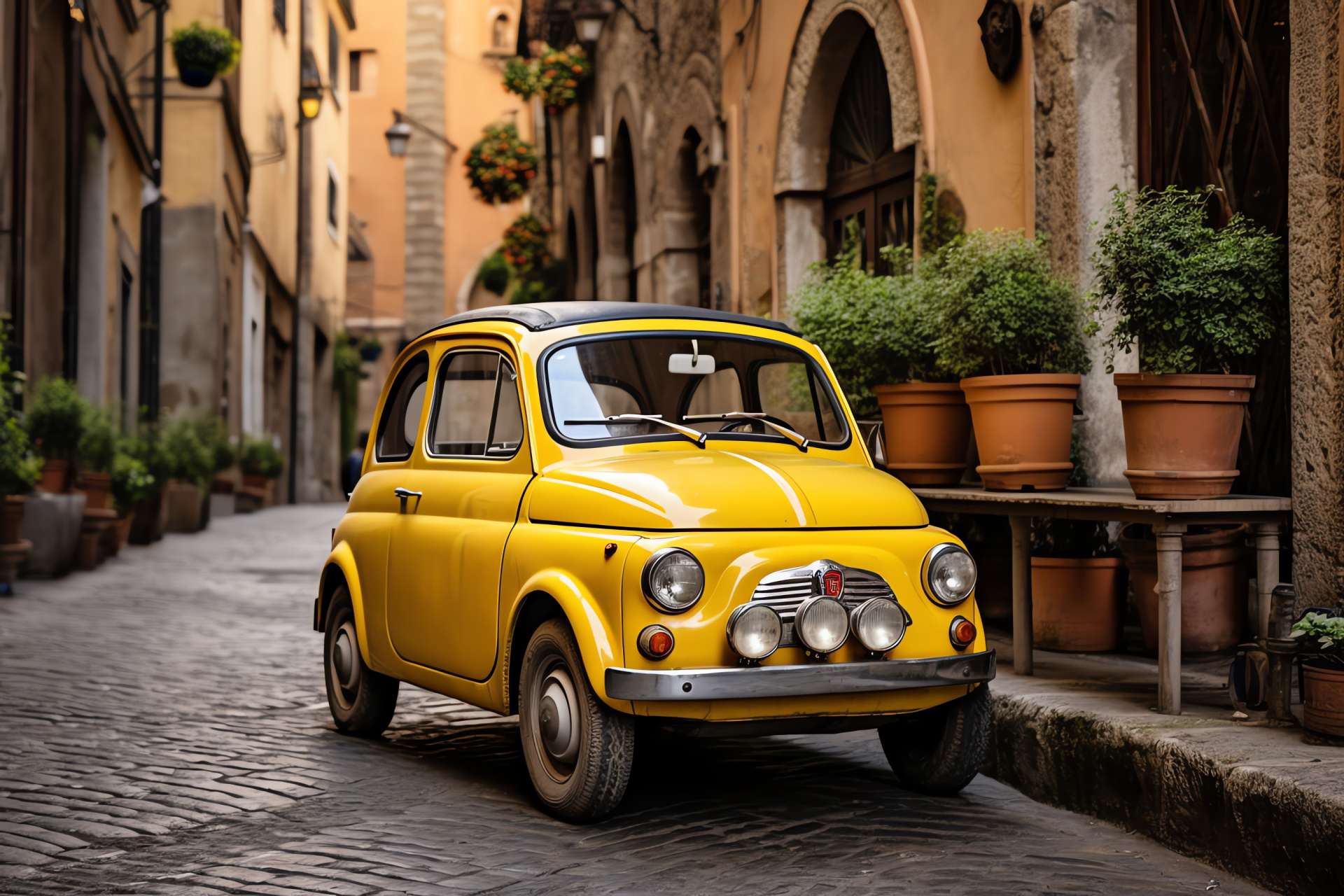 Italian Fiat 500, Rome cityscape, Italian automotive design, European compact car, Cultural icon, HD Desktop Wallpaper