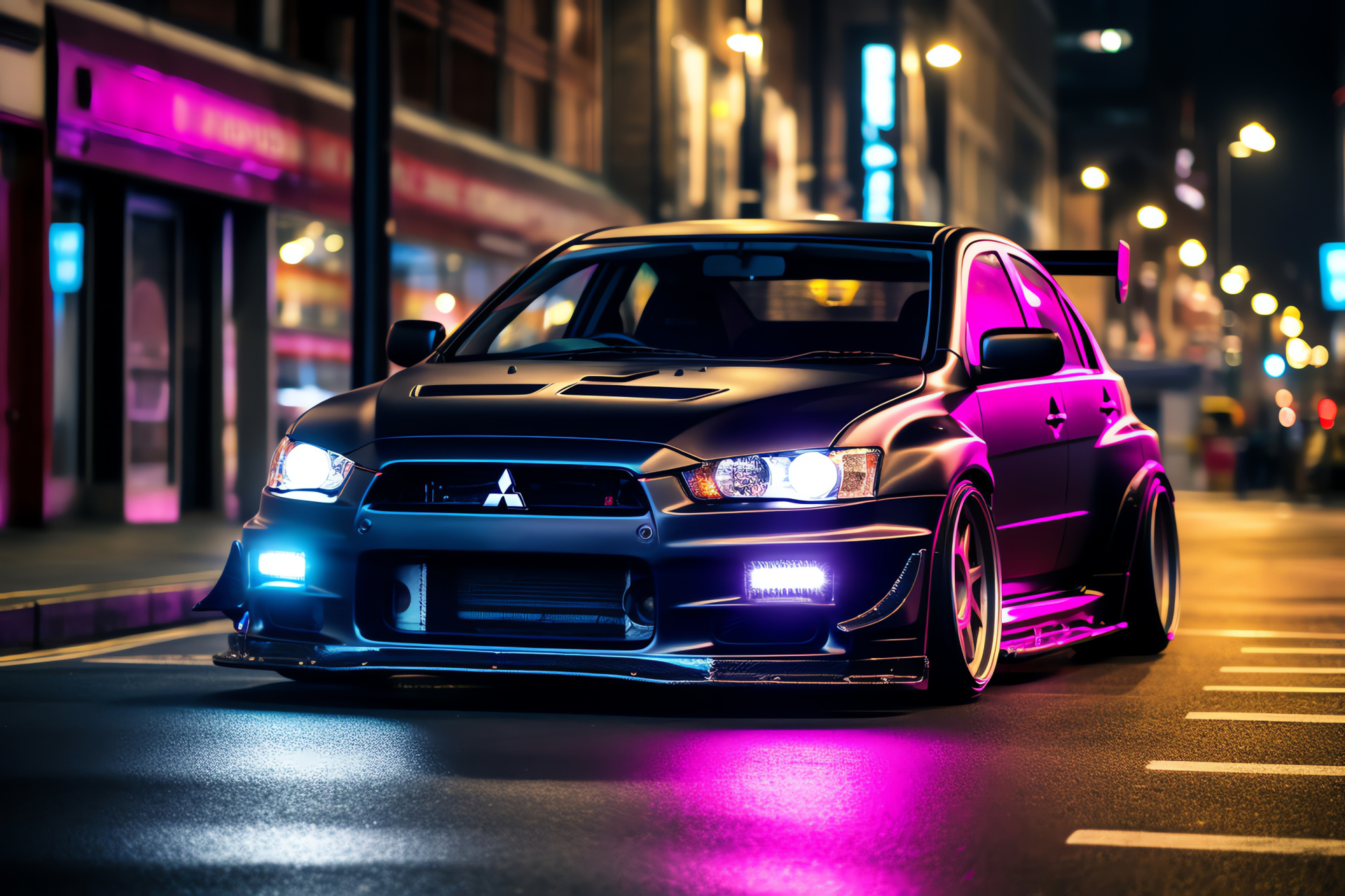 Mitsubishi Evo, cityscape energy, modified aesthetics, custom lights, urban essence, HD Desktop Wallpaper