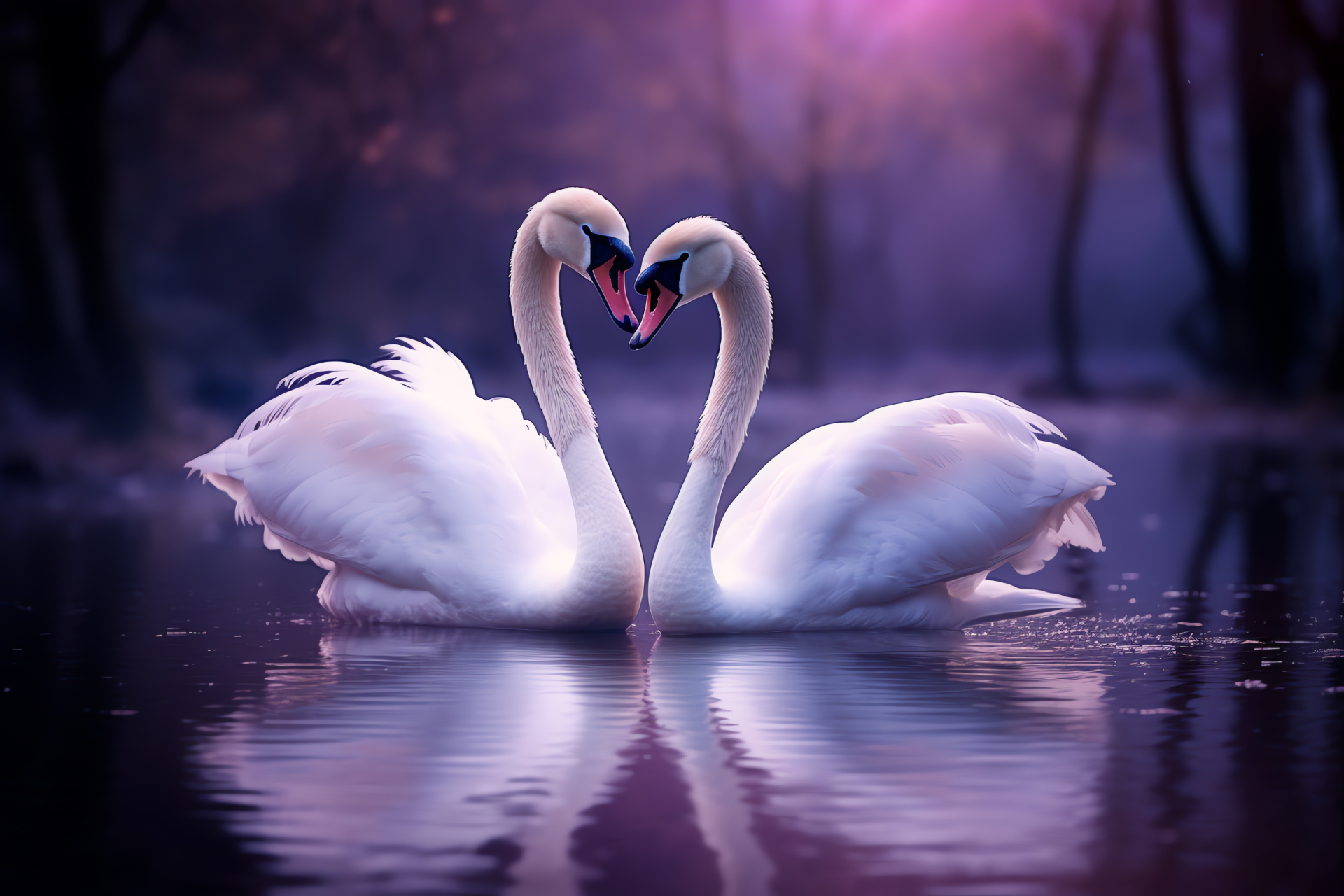 Cygnet courtship display, Iris color of violet, Reflective plumage quality, Night's silver glow, Fog enshrouded water, HD Desktop Image