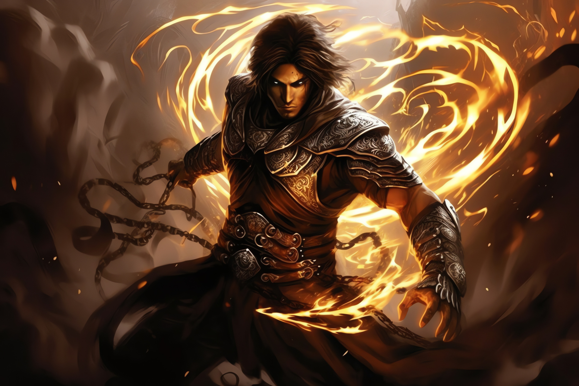 Heroic Prince of Persia, Determined gaze, Kinetic energy flow, Mystical patterns, Action-packed pose, HD Desktop Image