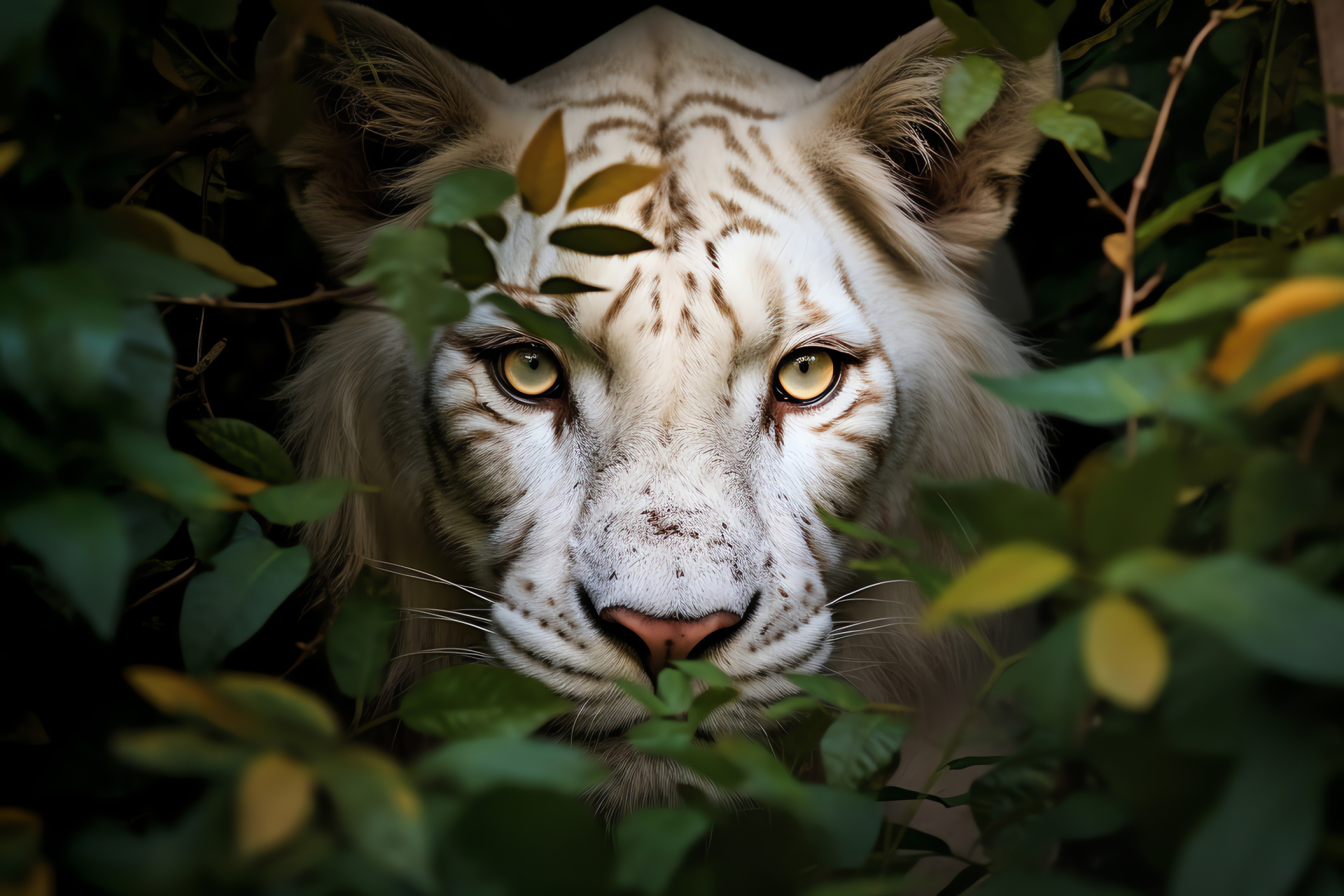 White Lion, predator, mane detailing, tropical forest, wild cat, HD Desktop Wallpaper