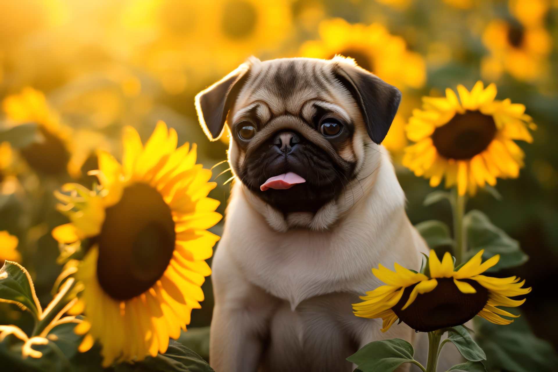 Pug puppy, golden coat, bright-eyed dog, white highlights, joyful pet, HD Desktop Image