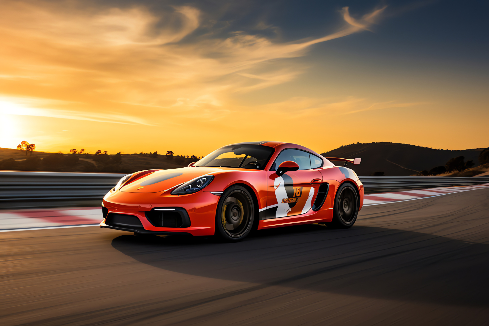 Porsche Cayman at Laguna Seca, Racing edition, Aggressive automotive styling, Motorsport livery, Sunset ambiance, HD Desktop Wallpaper