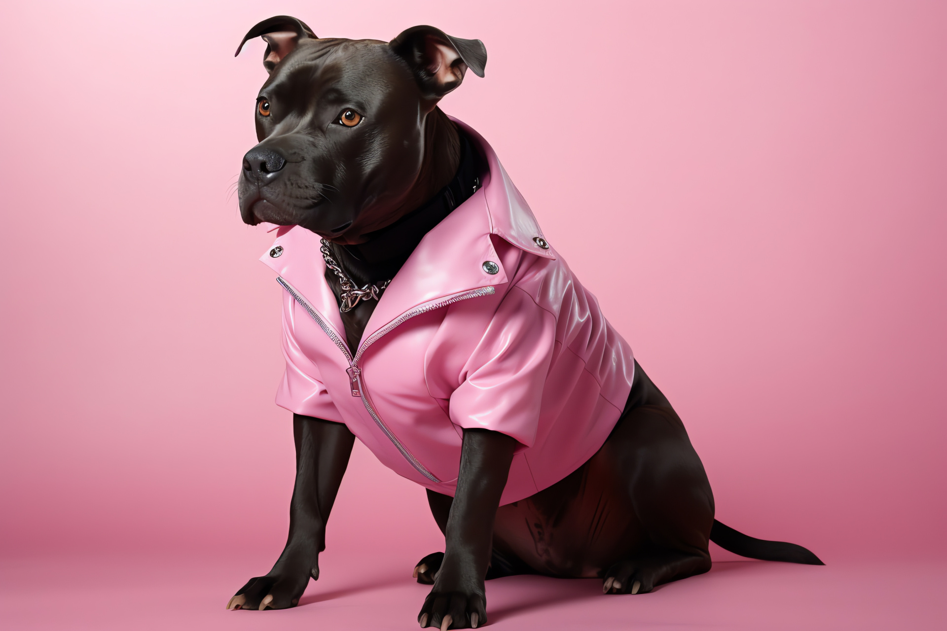 Pitch-black Pit Bull, Standalone full extent, Pastel pink setting, Monochrome vividness, Exhibit-style display, HD Desktop Image