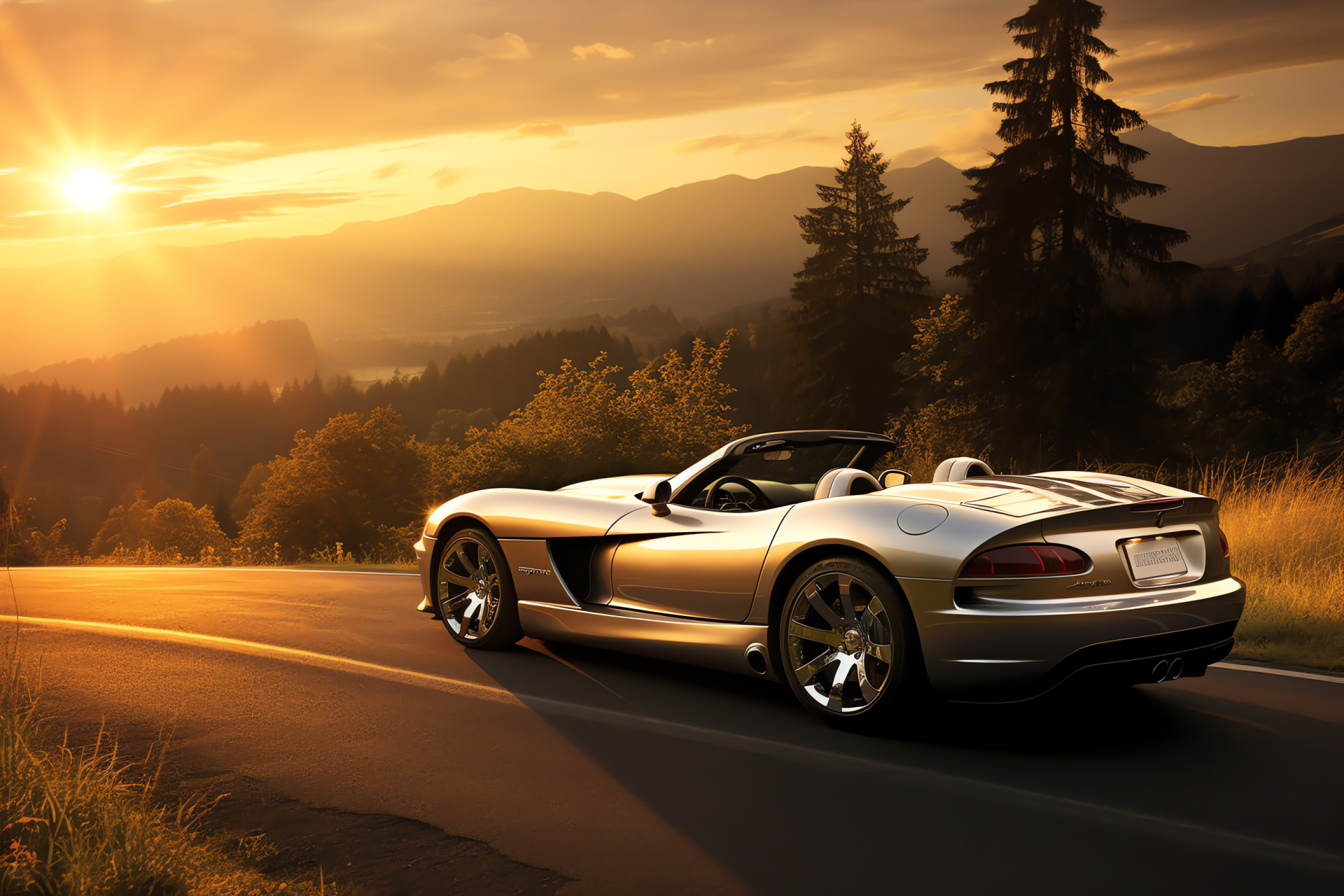 Viper SRT-10, pastoral journey, undulating roads, dusky skies, metallic sheen, HD Desktop Wallpaper