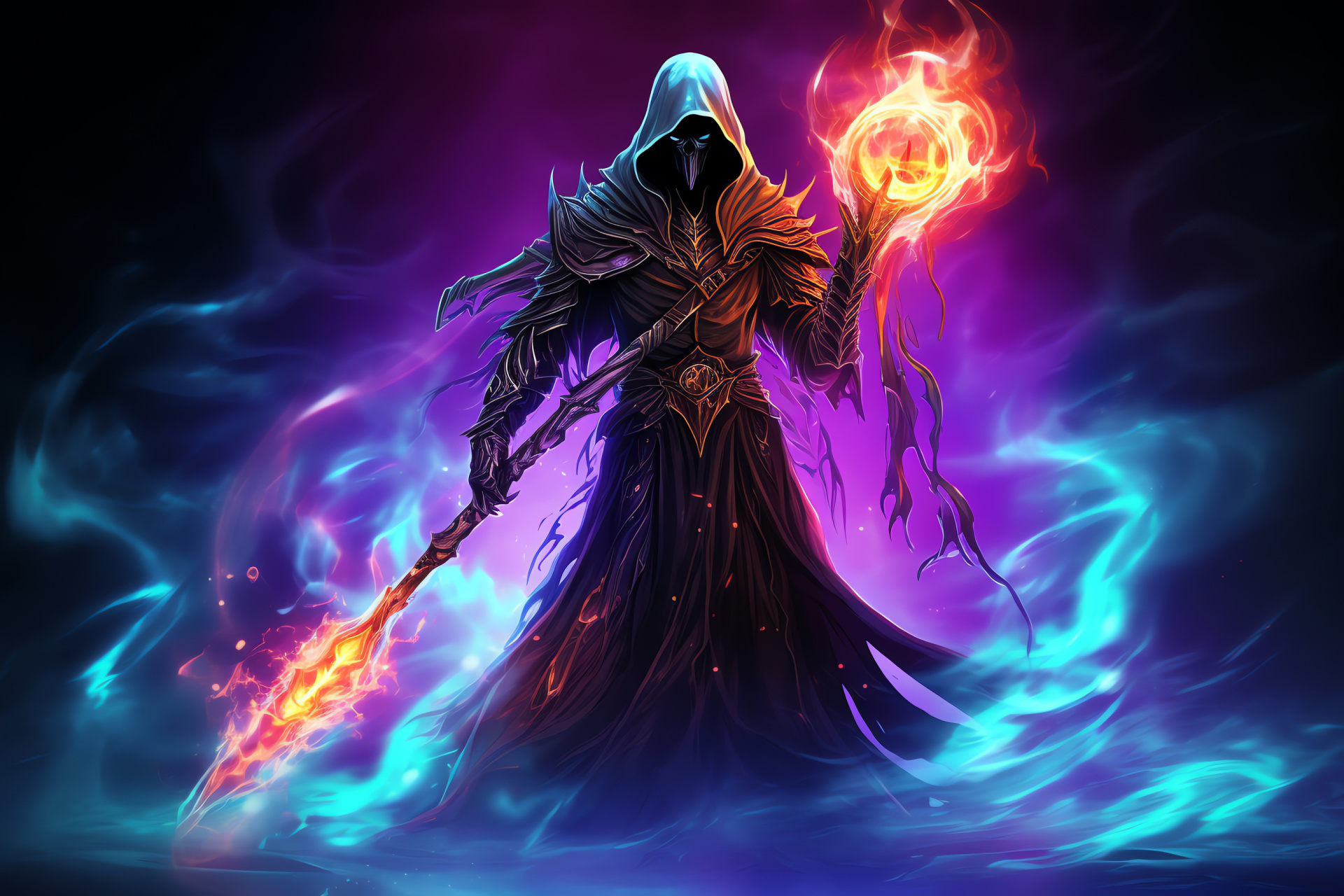 Azrael the necromancer, Sorcerer gaming character, Frayed attire, Luminous rod, Virtual fantasy, HD Desktop Image