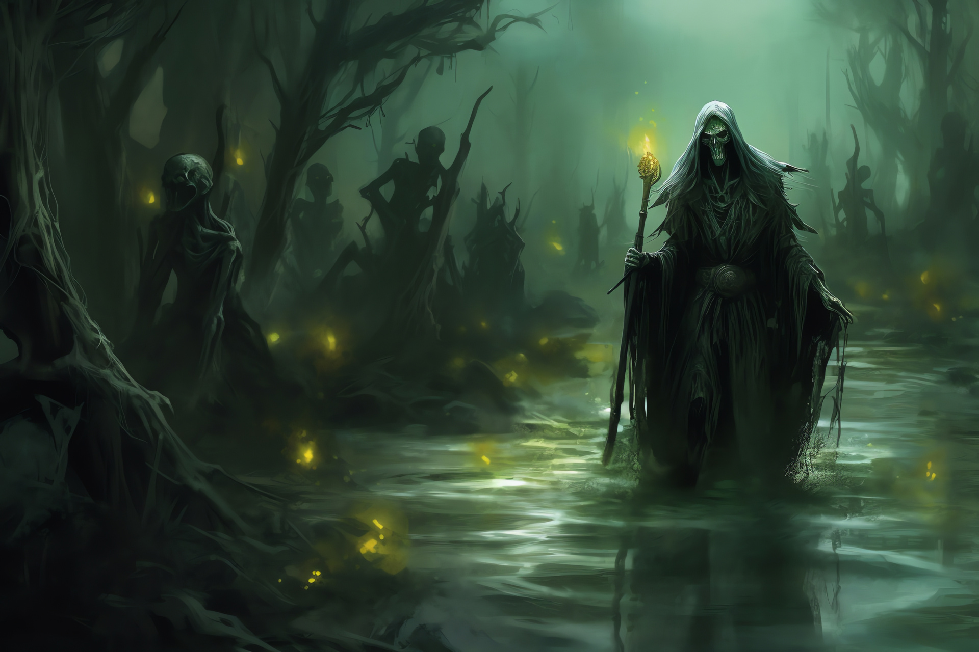 Dark Warlock domain, Vile marshland, Foggy waterscape, Deathly followers, Phantasmal radiance, HD Desktop Wallpaper